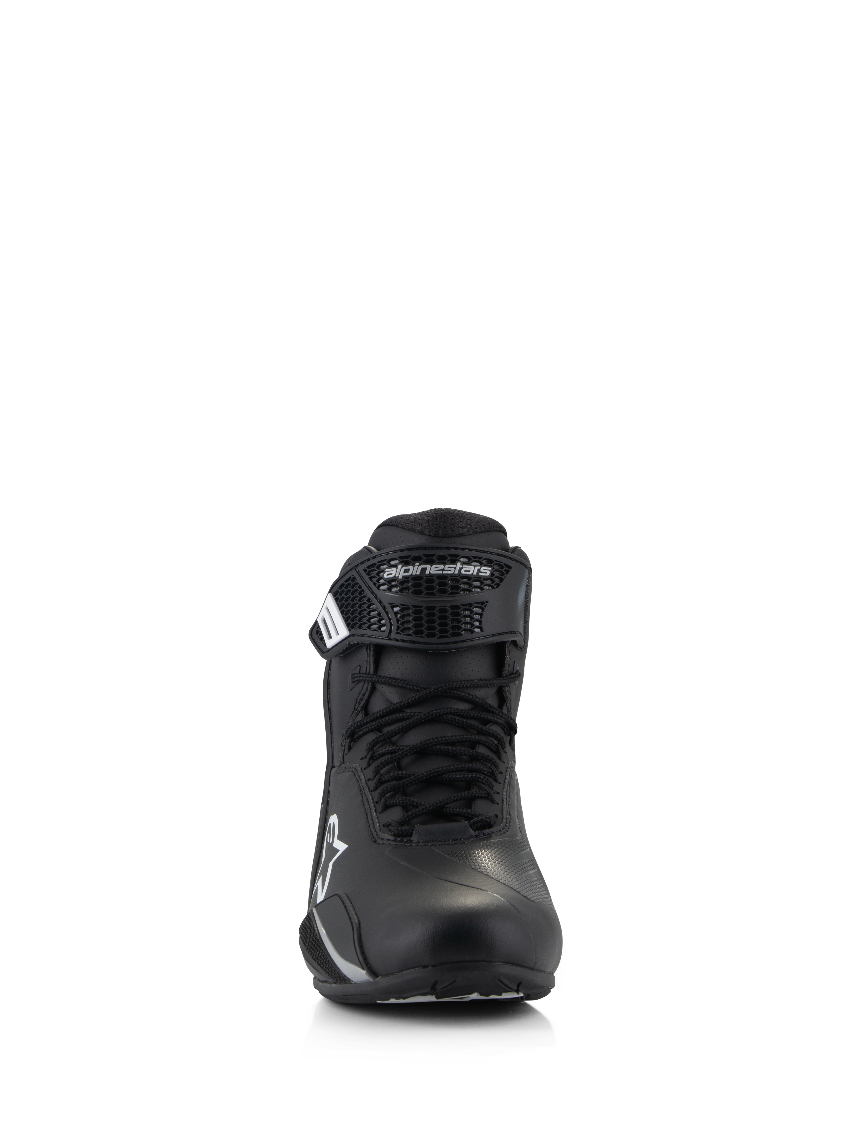 Scarpe Alpinestars Stella Faster-4, scarpe da moto da donna, nero, vista frontale, con chiusura a lacci e cinturino a strappo regolabile con logo Alpinestars, calzature tecniche per la guida su strada con costruzione in microfibra leggera