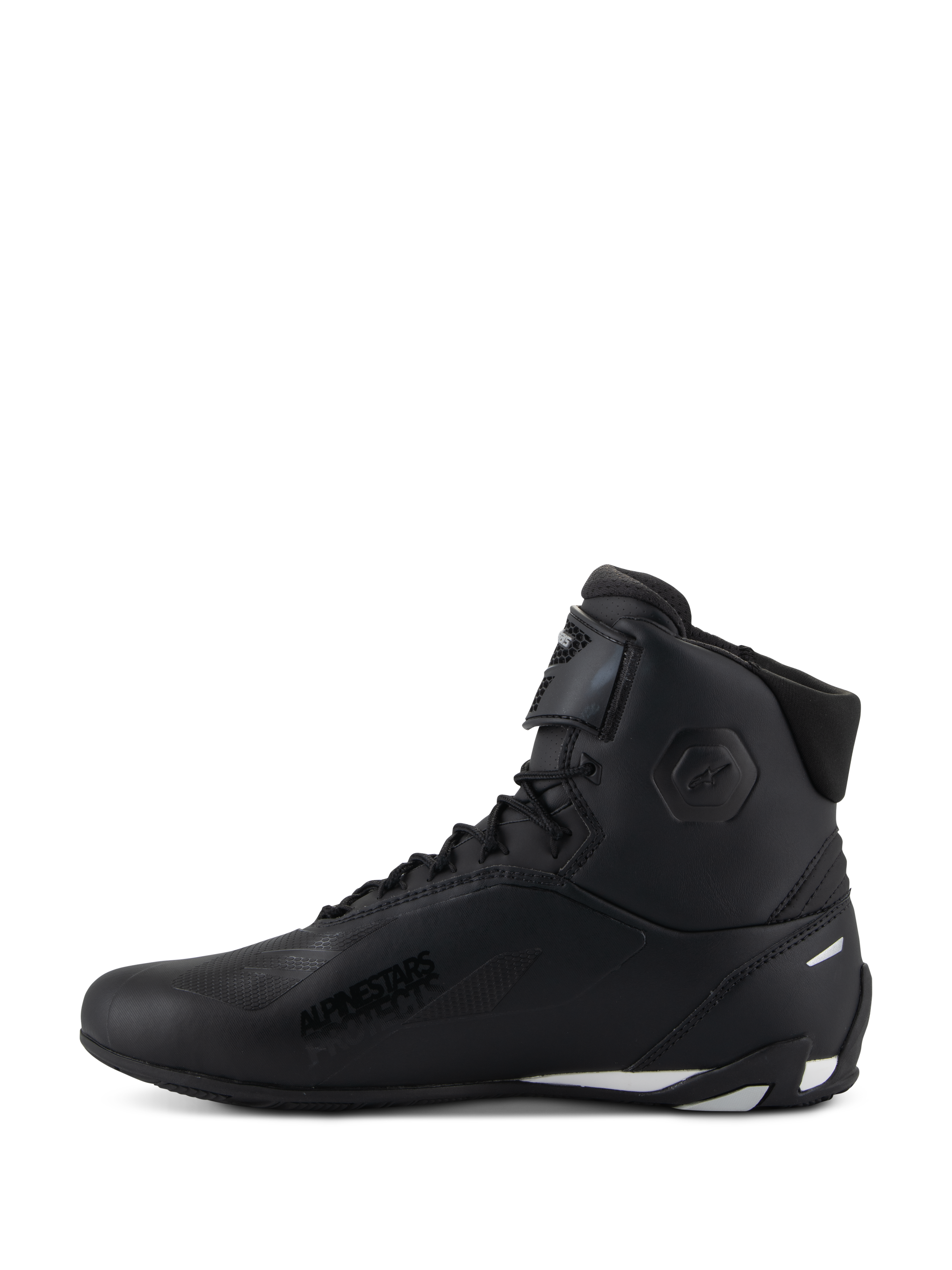 Scarpe Alpinestars Stella Faster-4, scarpe da moto da donna, nero con dettagli bianchi, vista laterale, design a profilo alto con chiusura a lacci e cinturino regolabile sulla caviglia, calzature protettive da moto