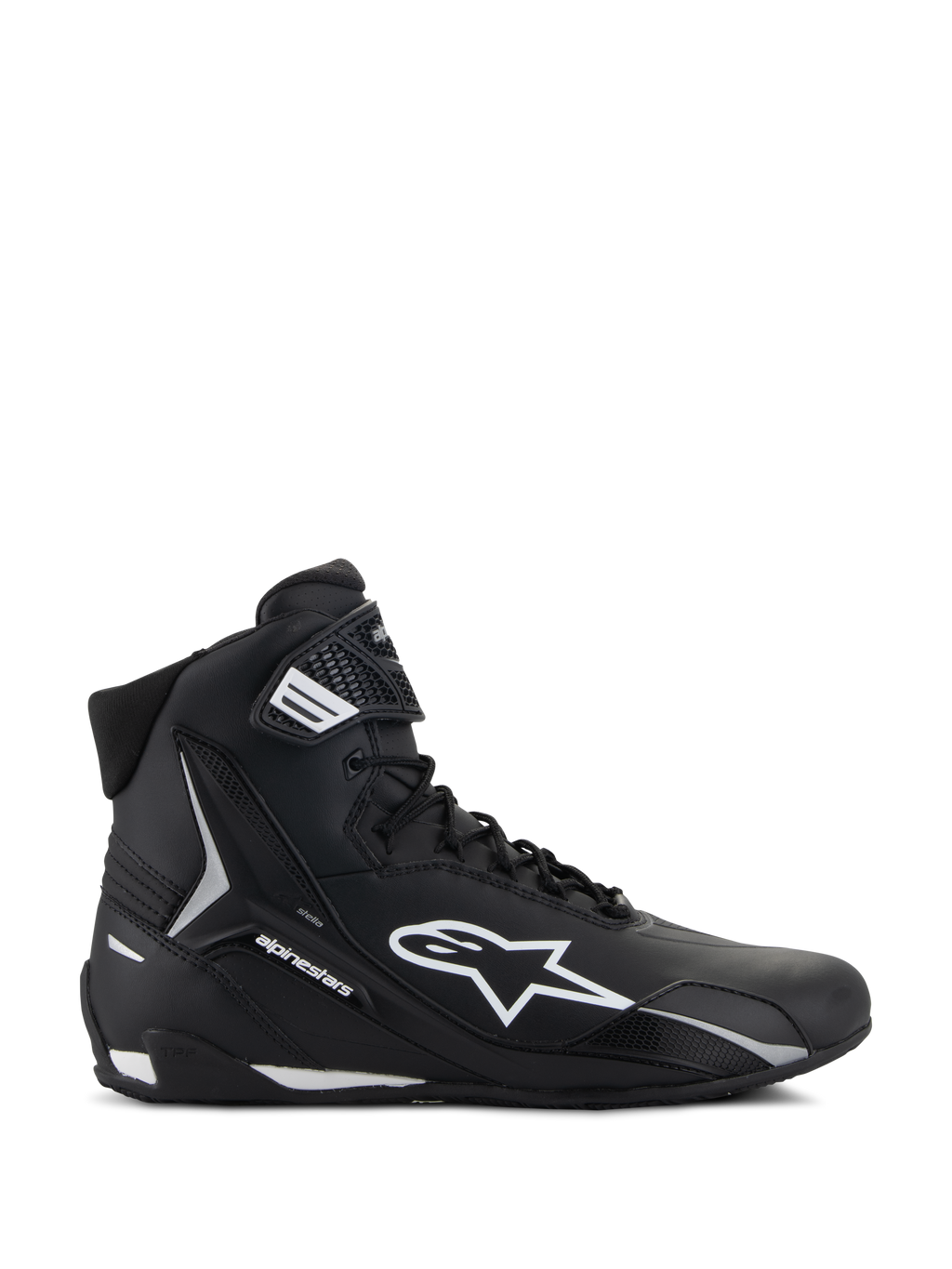 Alpinestars Stella Faster-4, scarpe da moto da donna, nero e bianco, design a collo alto con logo Astars e cinturino alla caviglia, vista laterale del profilo
