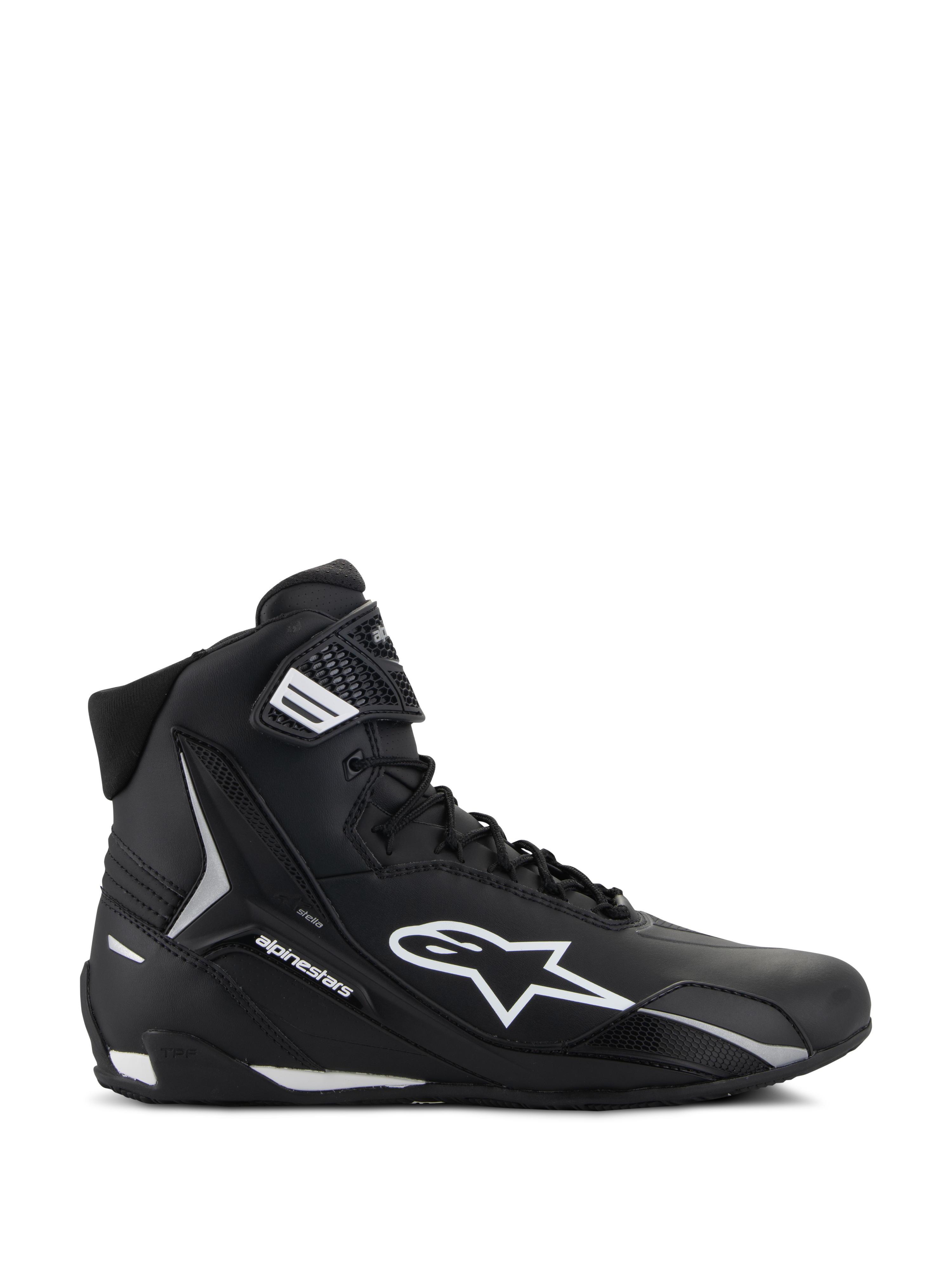Alpinestars Stella Faster-4, scarpe da moto da donna, nero e bianco, design a collo alto con logo Astars e cinturino alla caviglia, vista laterale del profilo