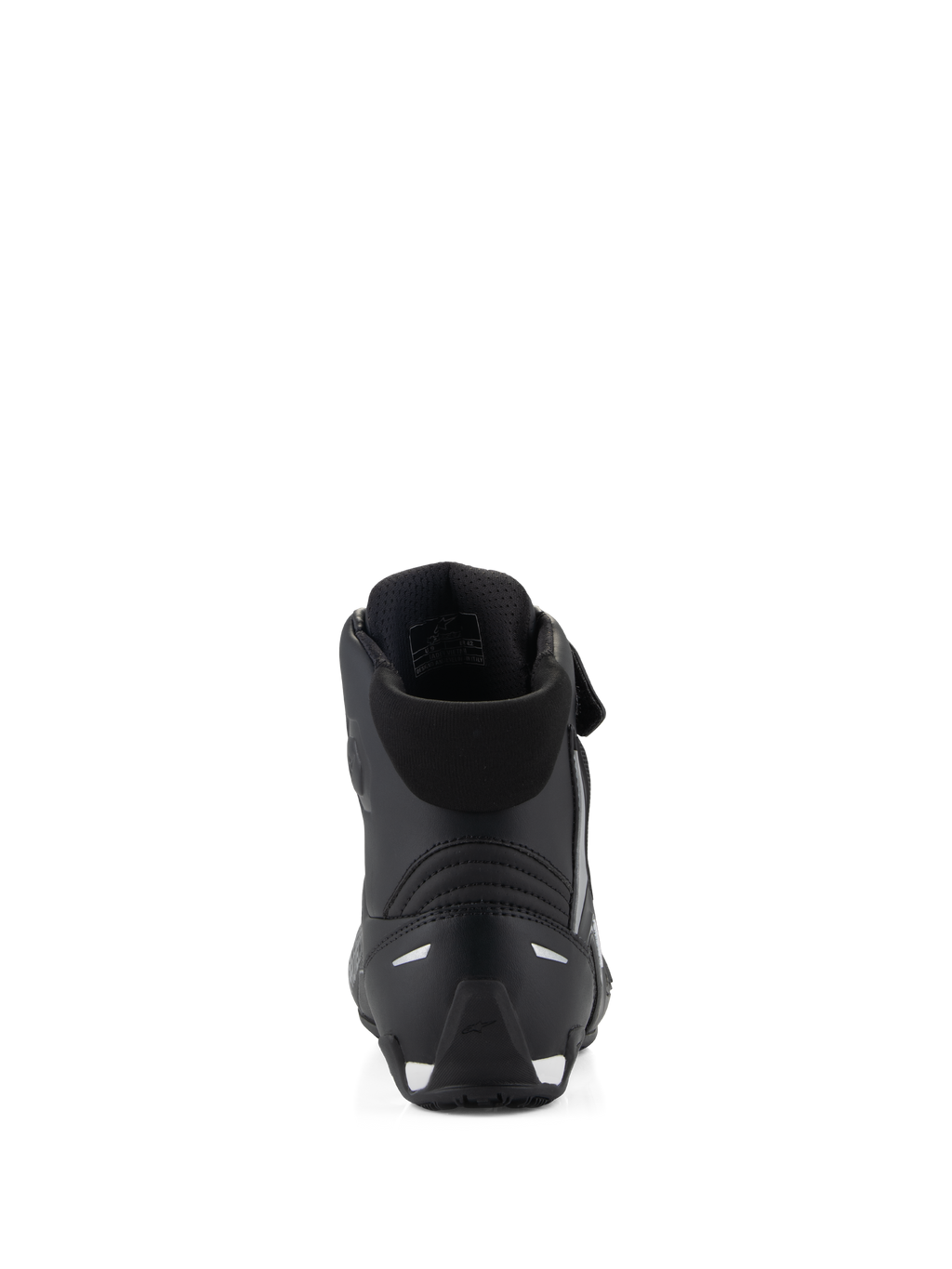 Alpinestars Stella Faster-4 Shoes, scarpe da moto da donna, nero, vista posteriore che mostra il colletto imbottito, il contrafforte del tallone in TPR rinforzato e i dettagli riflettenti, design performante ed elegante per la guida su strada