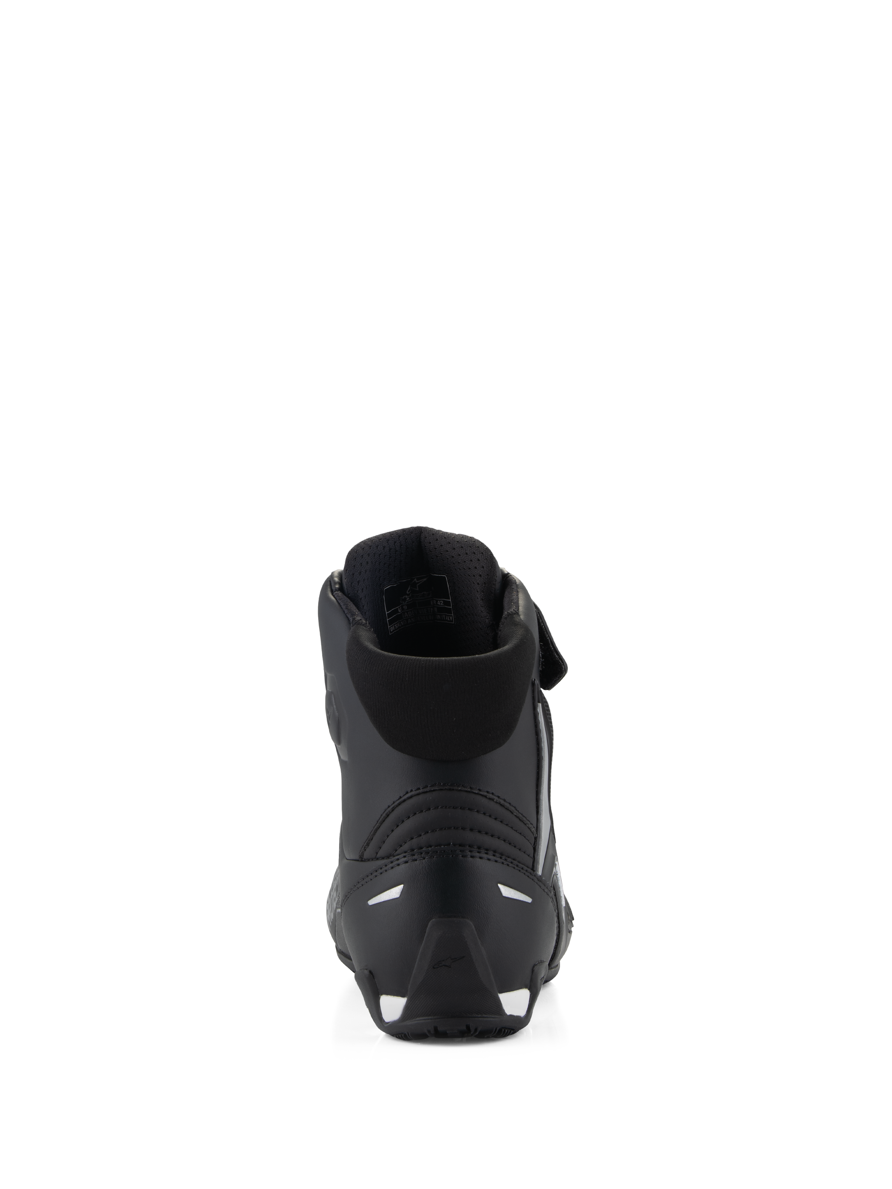 Alpinestars Stella Faster-4 Shoes, scarpe da moto da donna, nero, vista posteriore che mostra il colletto imbottito, il contrafforte del tallone in TPR rinforzato e i dettagli riflettenti, design performante ed elegante per la guida su strada