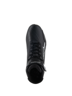 Scarpe Alpinestars Stella Faster-4, scarpe da moto da donna, nero, vista dall'alto, con lacci neri, logo stella Alpinestars bianco e cinturino regolabile alla caviglia, design elegante in microfibra per guida su strada e sportiva