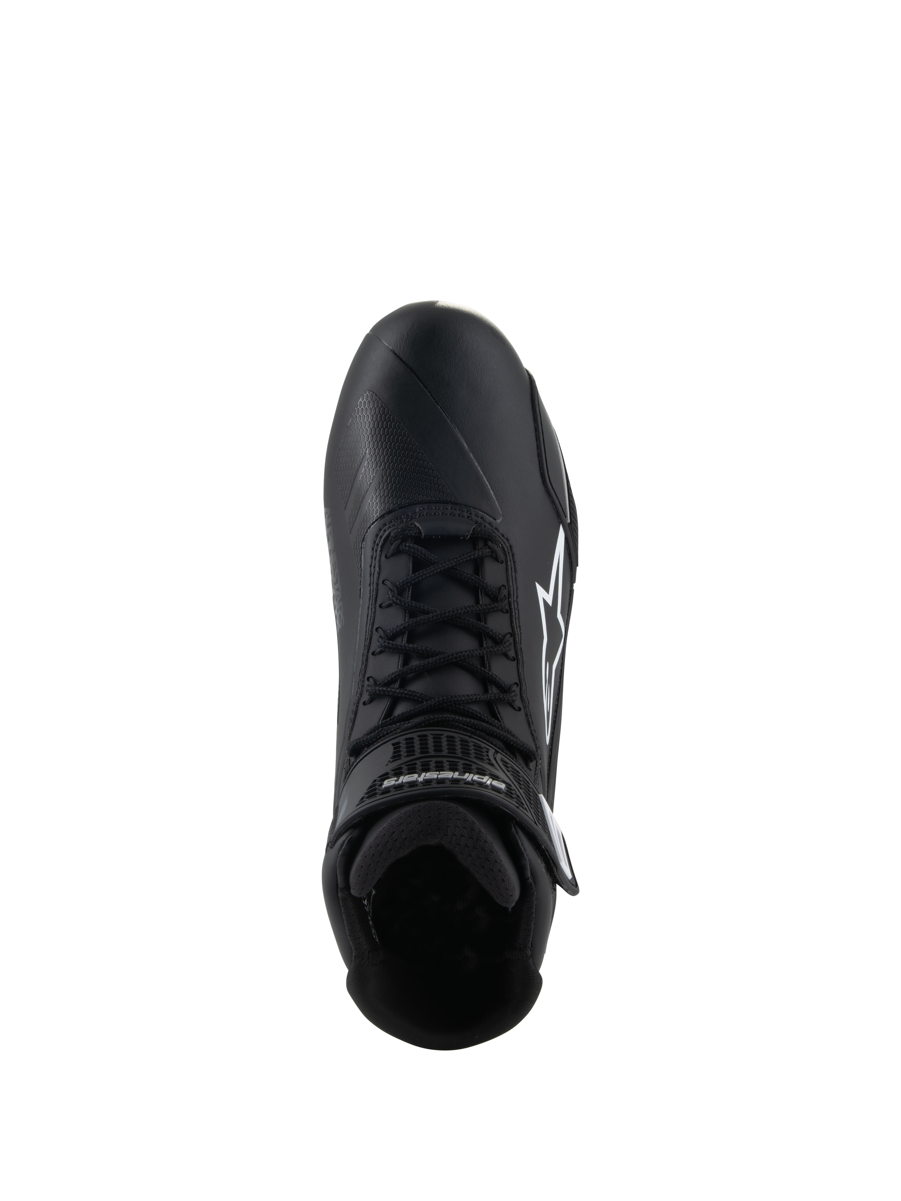 Scarpe Alpinestars Stella Faster-4, scarpe da moto da donna, nero, vista dall'alto, con lacci neri, logo stella Alpinestars bianco e cinturino regolabile alla caviglia, design elegante in microfibra per guida su strada e sportiva