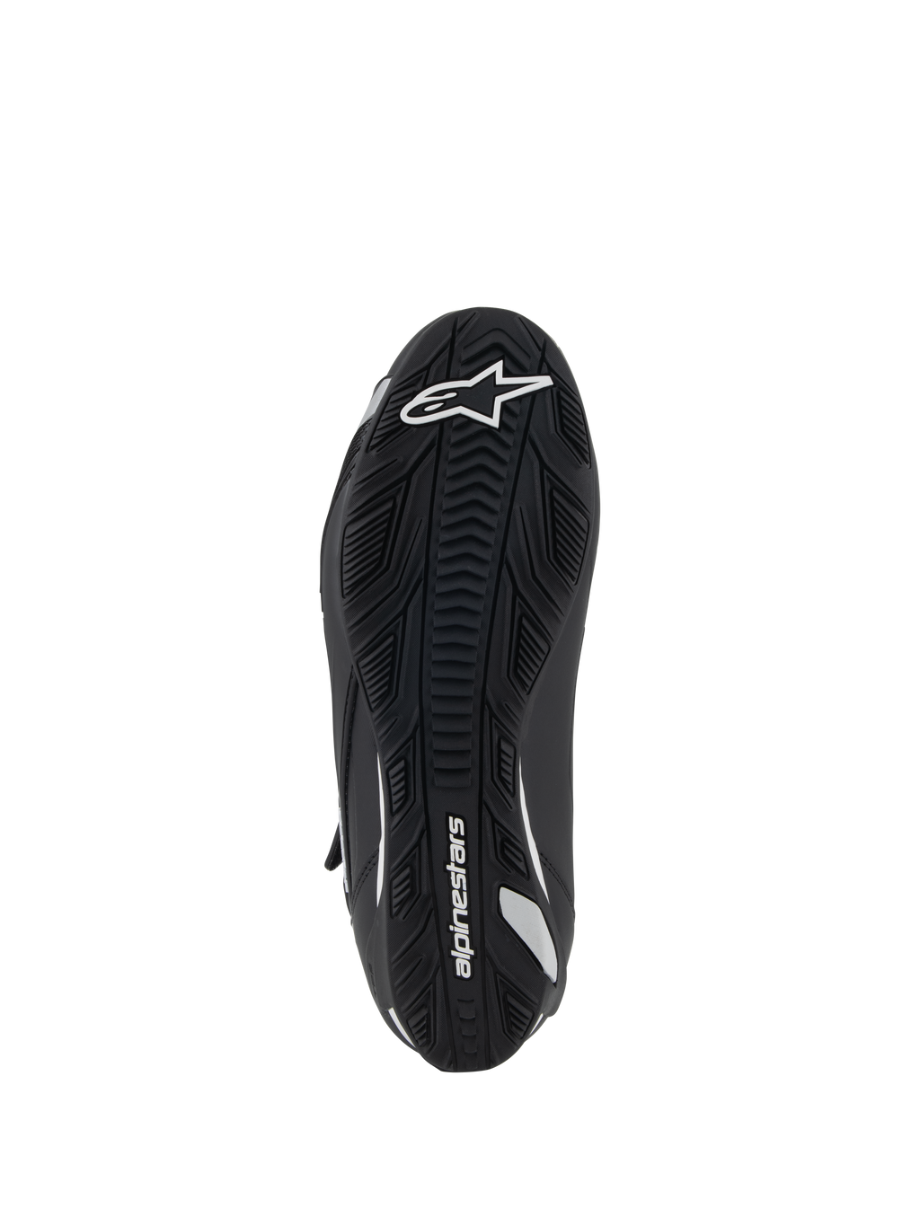 Scarpe da moto da donna Alpinestars Stella Faster-4, vista della suola, suola in gomma nera con grip testurizzato, logo e marchio Alpinestars bianchi, design ergonomico per trazione e supporto