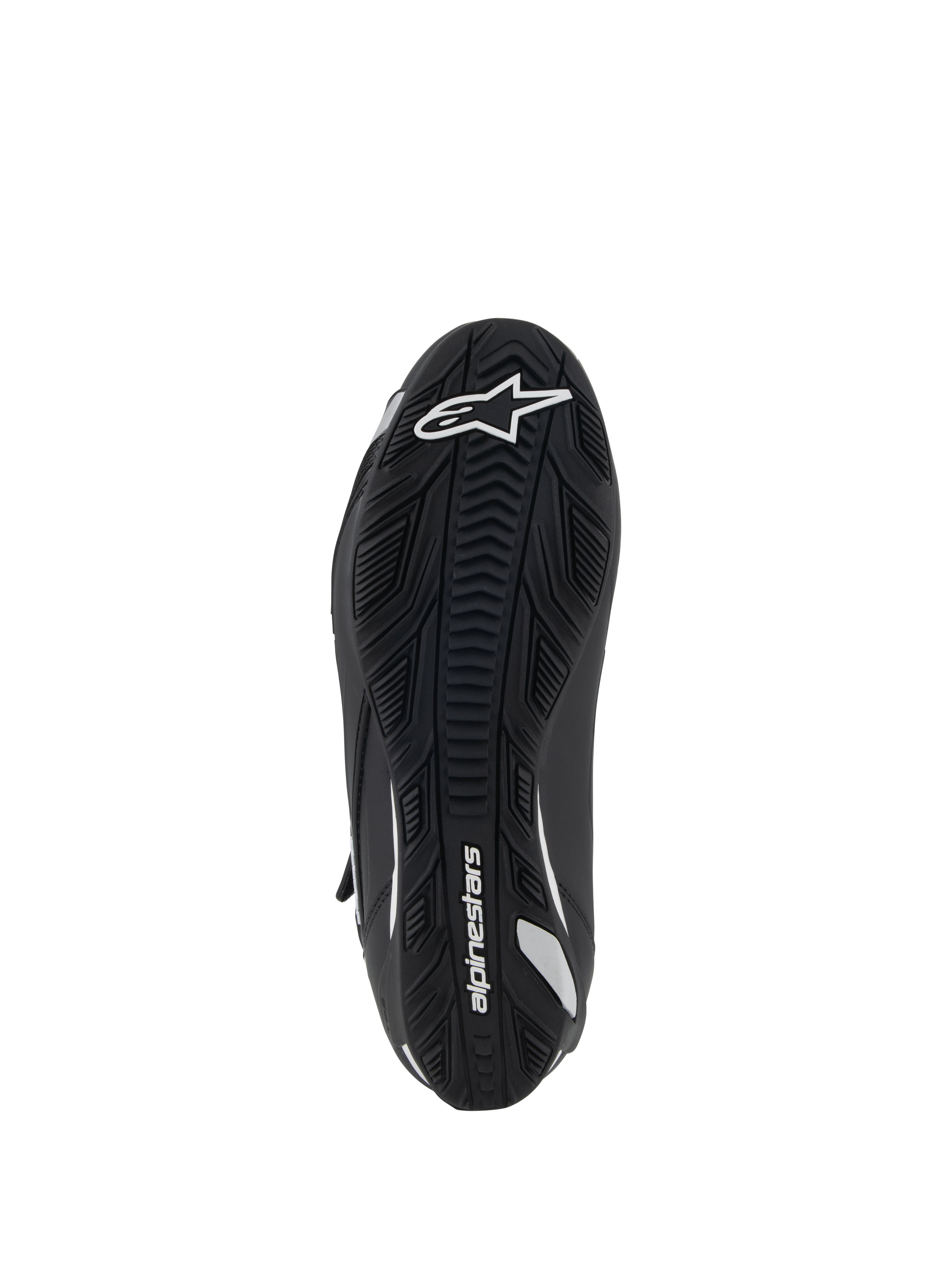 Scarpe da moto da donna Alpinestars Stella Faster-4, vista della suola, suola in gomma nera con grip testurizzato, logo e marchio Alpinestars bianchi, design ergonomico per trazione e supporto