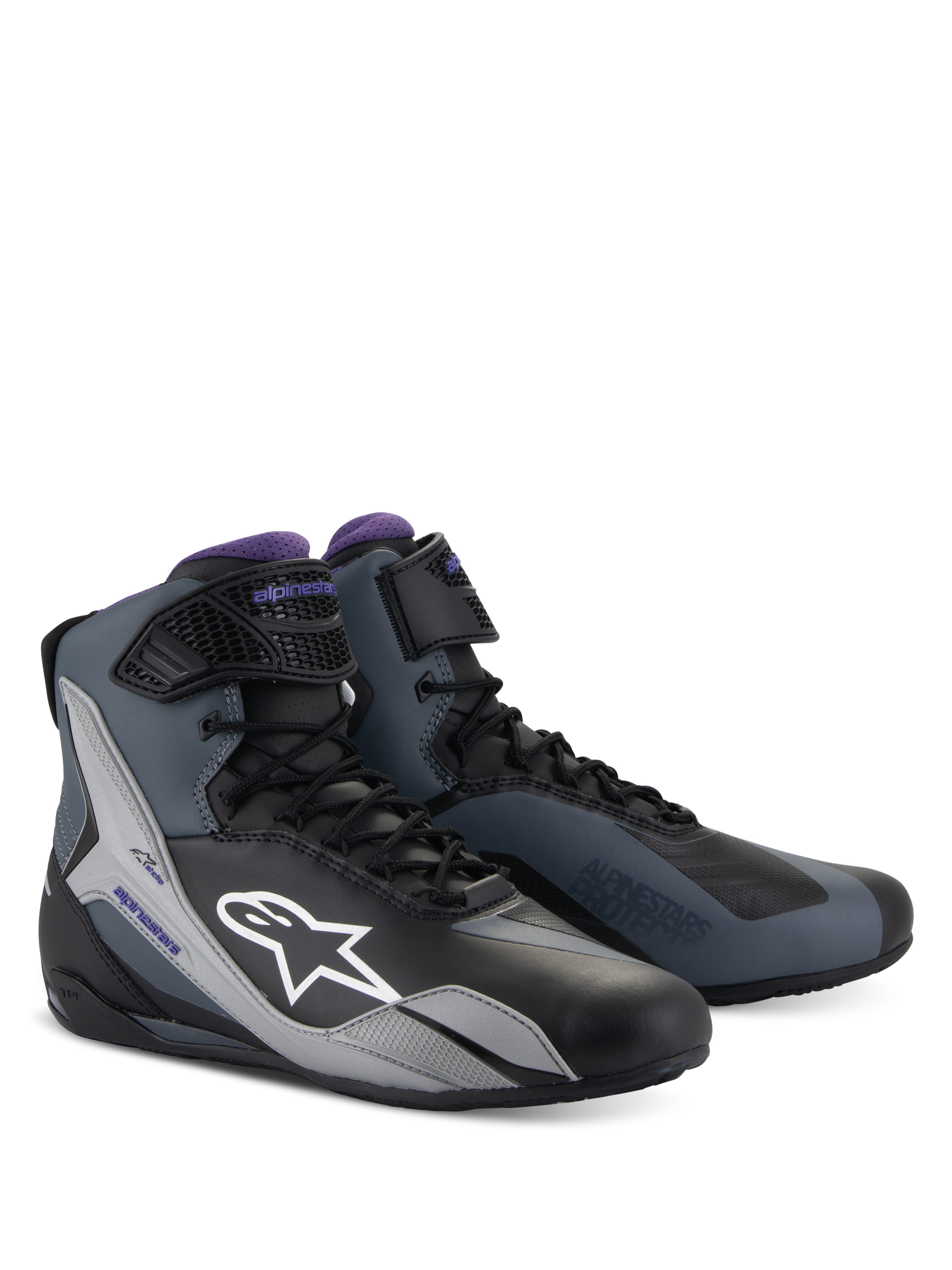 Alpinestars Stella Faster-4, scarpe da moto da donna, nero, grigio e viola, design tecnico a profilo alto con lacci.