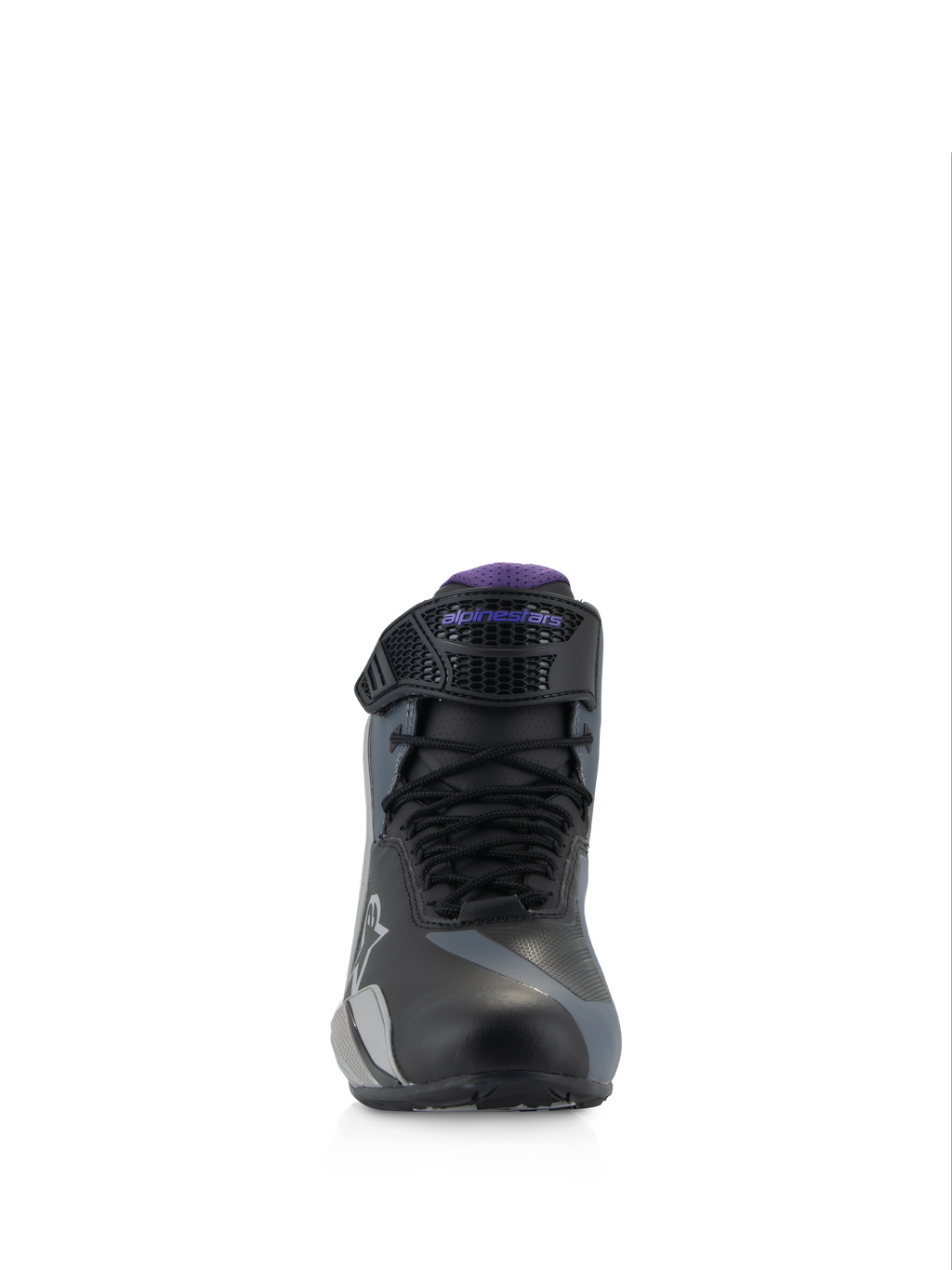 Alpinestars Stella Faster-4, scarpe da moto da donna, nero, grigio e viola, vista frontale con lacci e cinturino regolabile