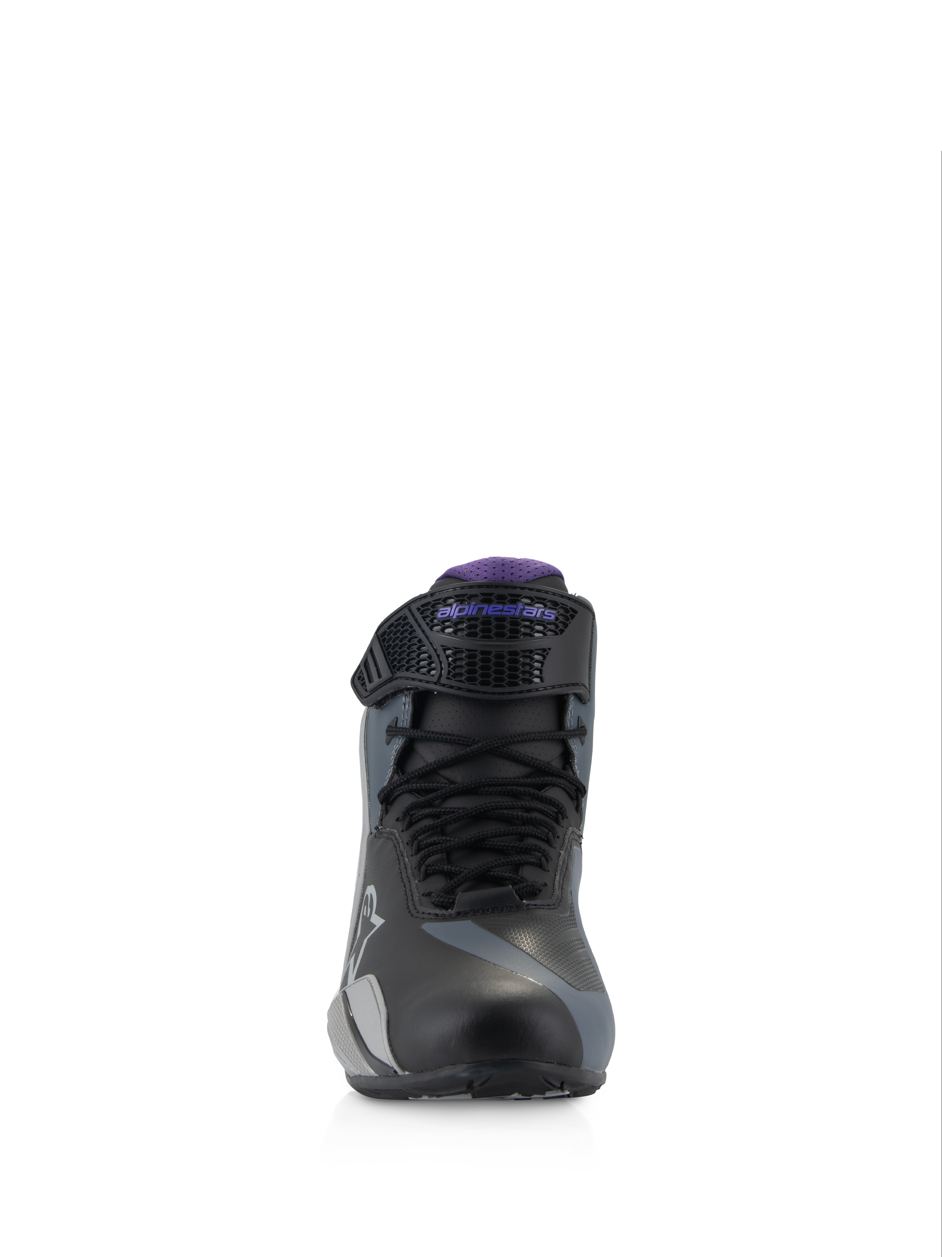 Alpinestars Stella Faster-4, scarpe da moto da donna, nero, grigio e viola, vista frontale con lacci e cinturino regolabile