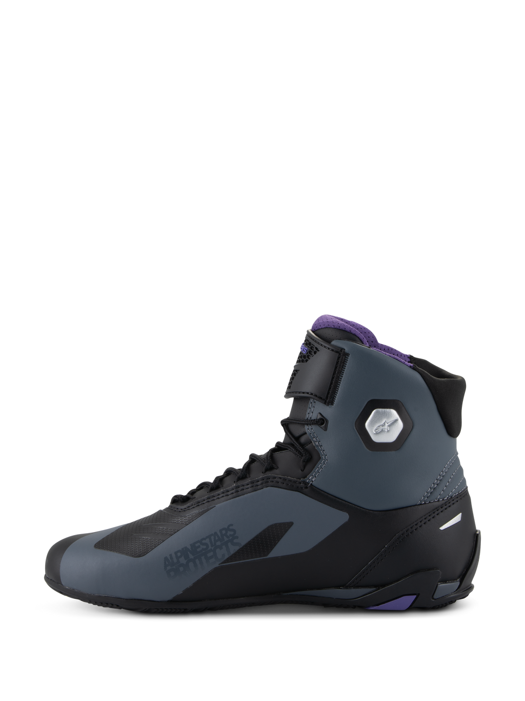 Alpinestars Scarpe Stella Faster-4, scarpe da moto da donna, nero e grigio con accenti viola e protezione caviglia argento