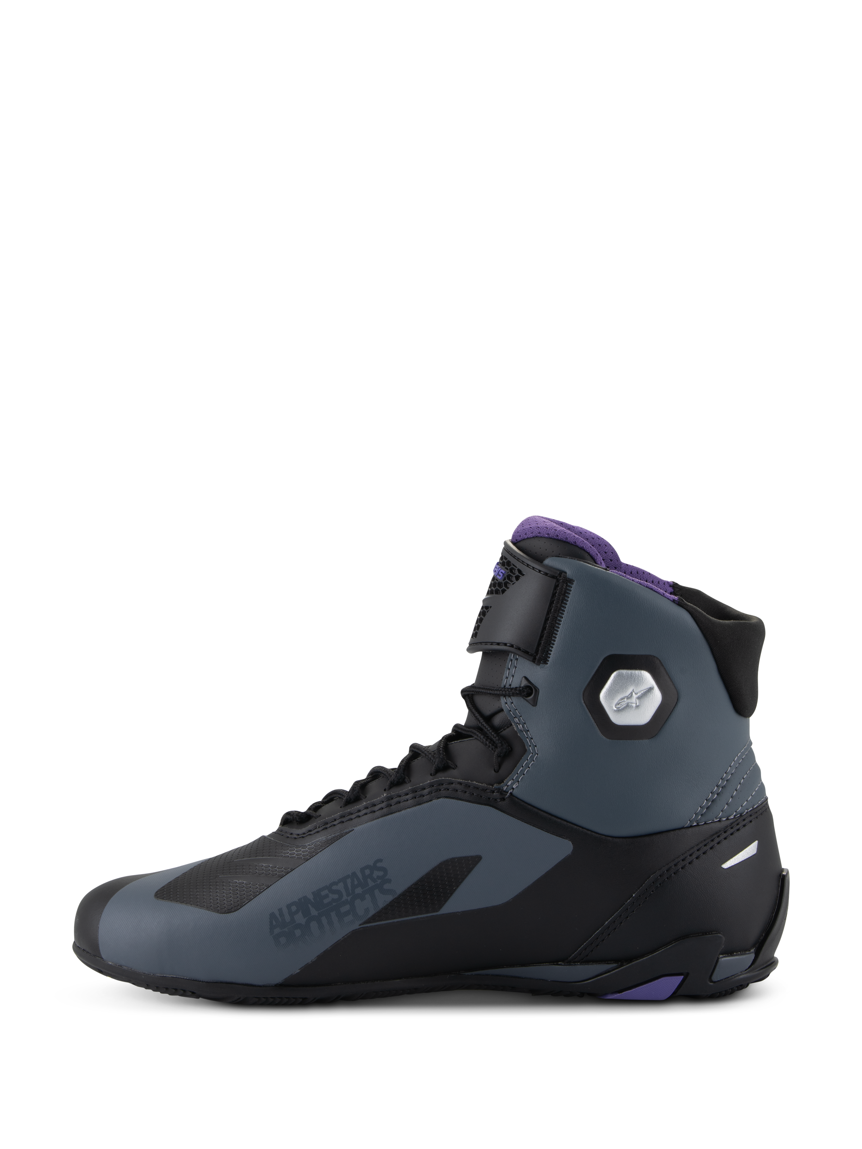 Alpinestars Scarpe Stella Faster-4, scarpe da moto da donna, nero e grigio con accenti viola e protezione caviglia argento