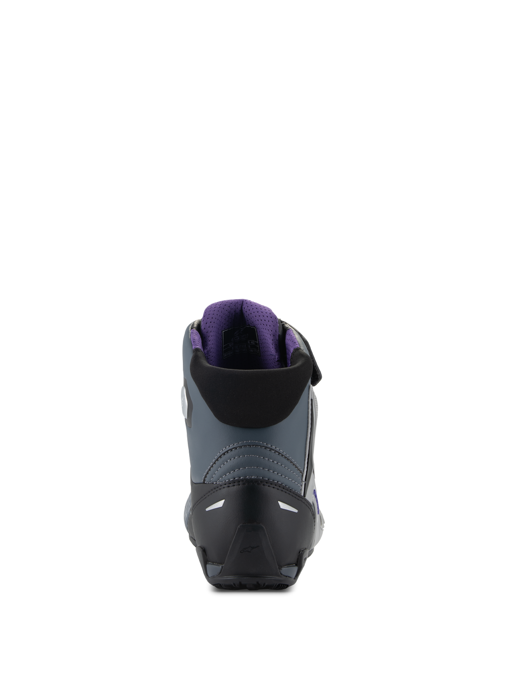 Alpinestars Scarpe Stella Faster-4, scarpe da moto da donna, nere, grigie e viola, vista posteriore con contrafforte in TPR e fodera in mesh 3D