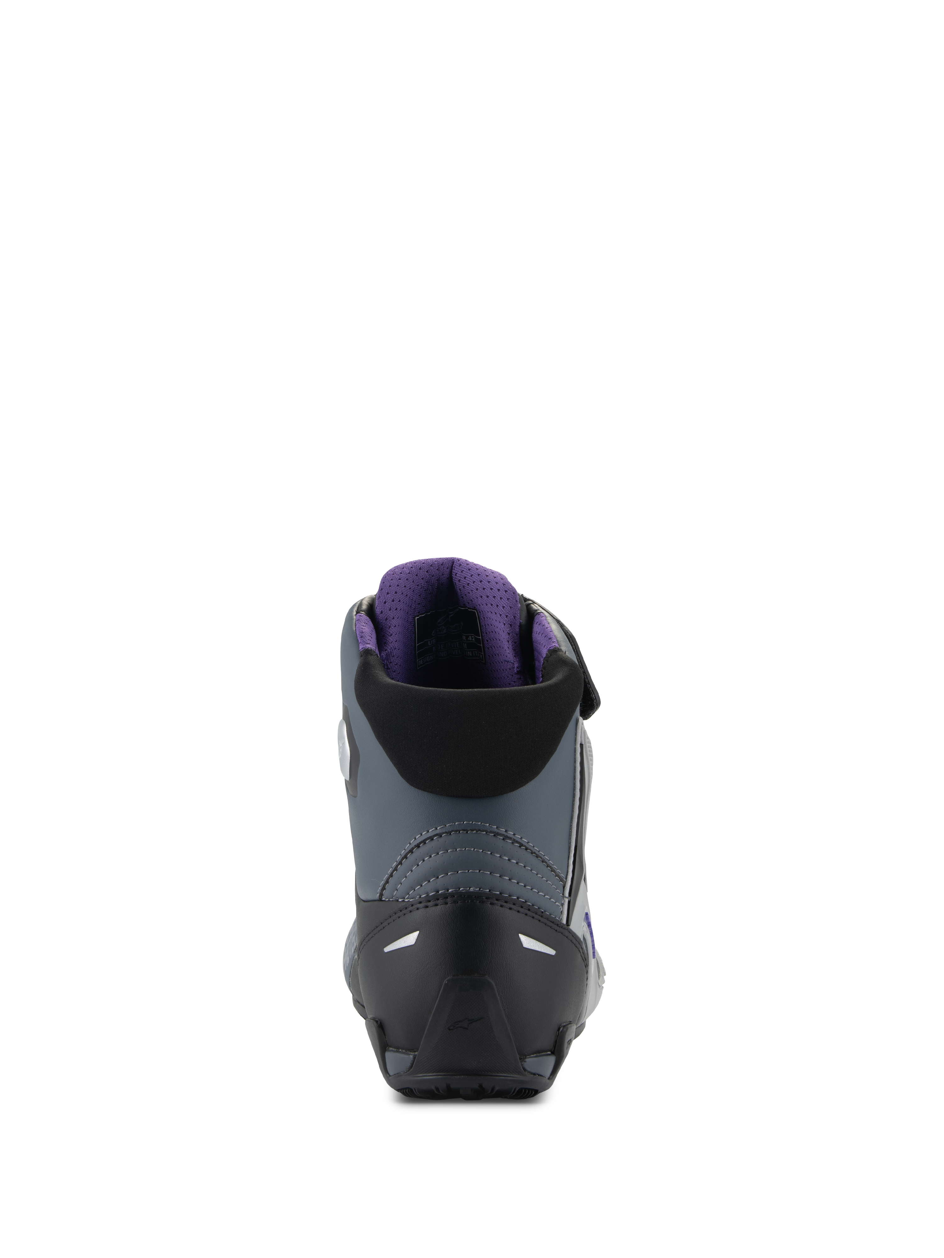 Alpinestars Scarpe Stella Faster-4, scarpe da moto da donna, nere, grigie e viola, vista posteriore con contrafforte in TPR e fodera in mesh 3D