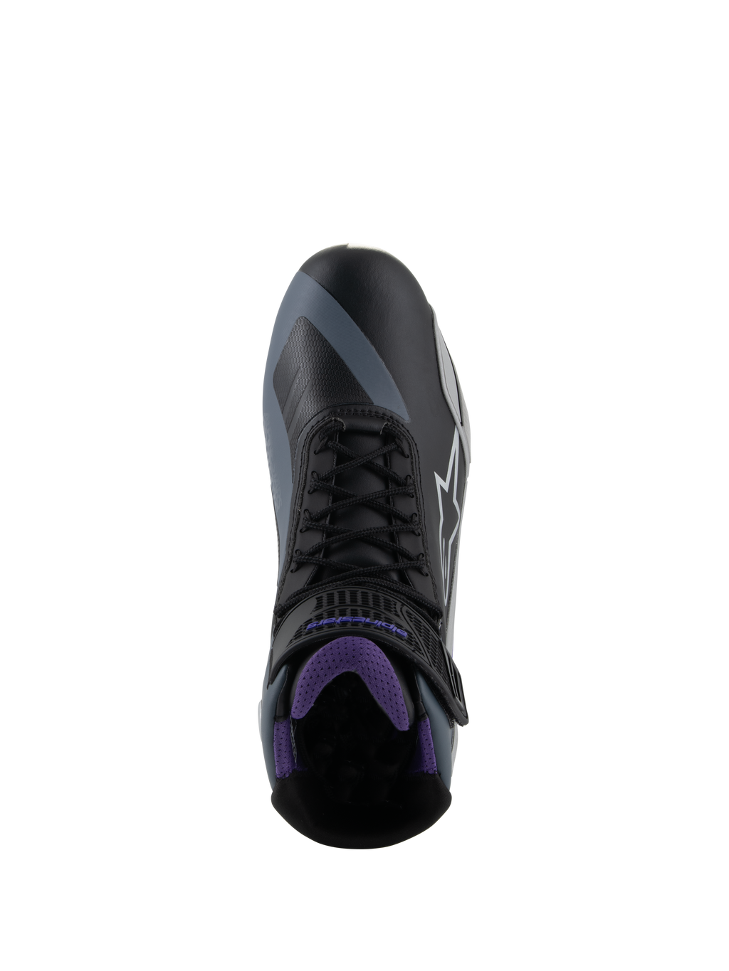 Alpinestars Stella Faster-4, scarpe da moto da donna nere e viola, vista dall'alto con lacci e interno in mesh.