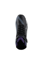 Alpinestars Stella Faster-4, scarpe da moto da donna nere e viola, vista dall'alto con lacci e interno in mesh.