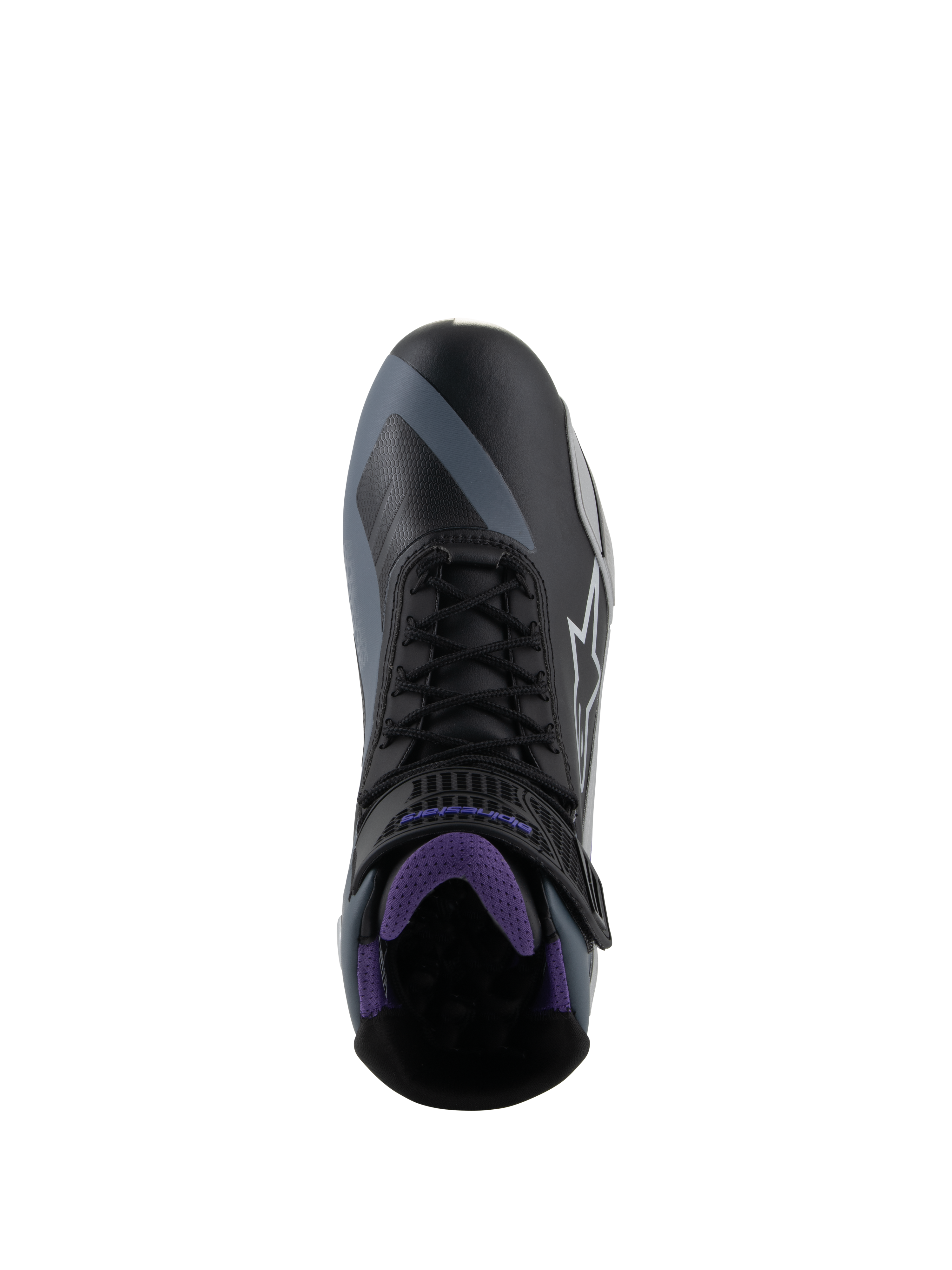 Alpinestars Stella Faster-4, scarpe da moto da donna nere e viola, vista dall'alto con lacci e interno in mesh.