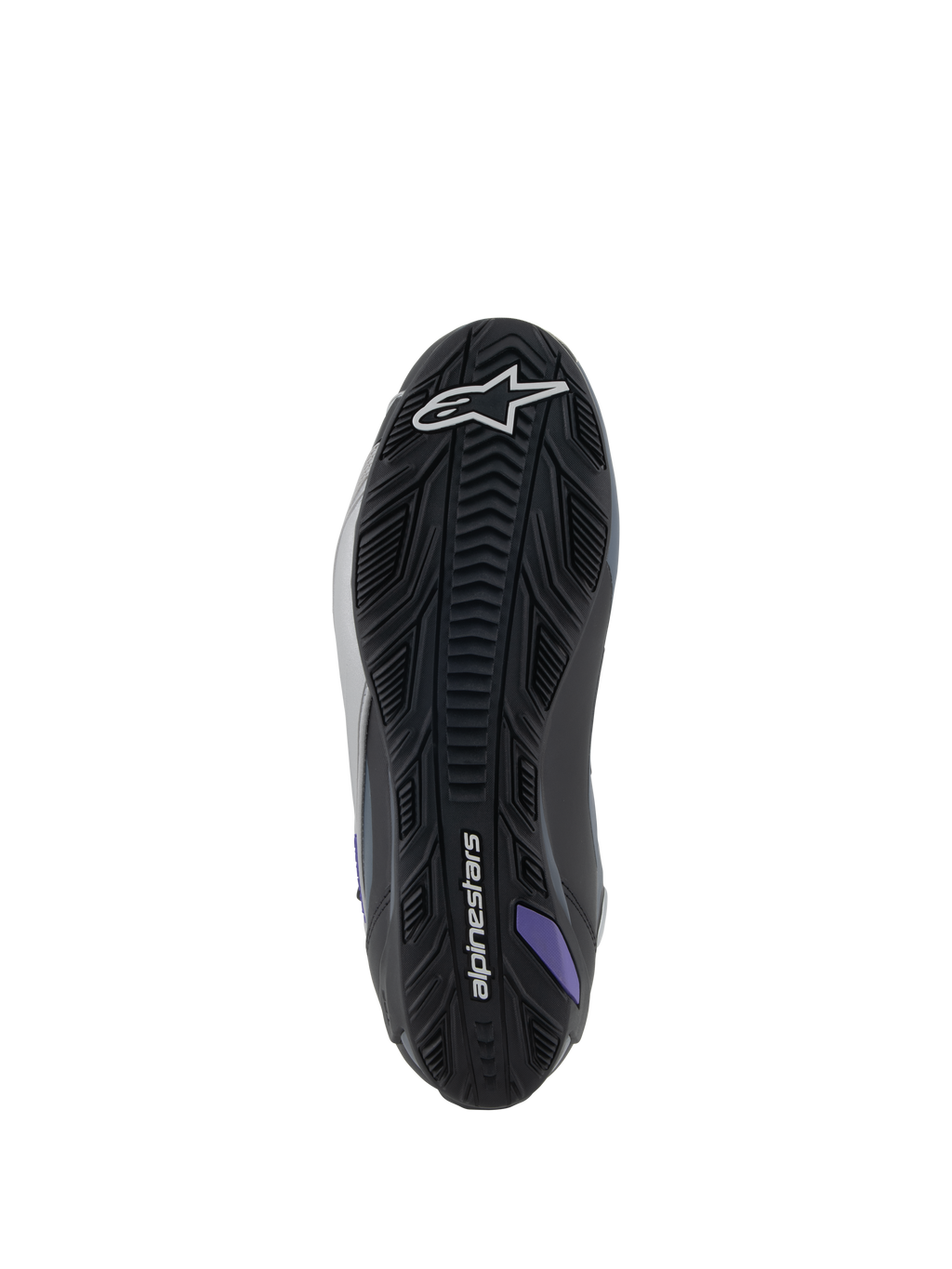 Alpinestars Stella Faster-4, scarpe da moto da donna, vista della suola, nero, grigio e viola, gomma testurizzata per il grip.