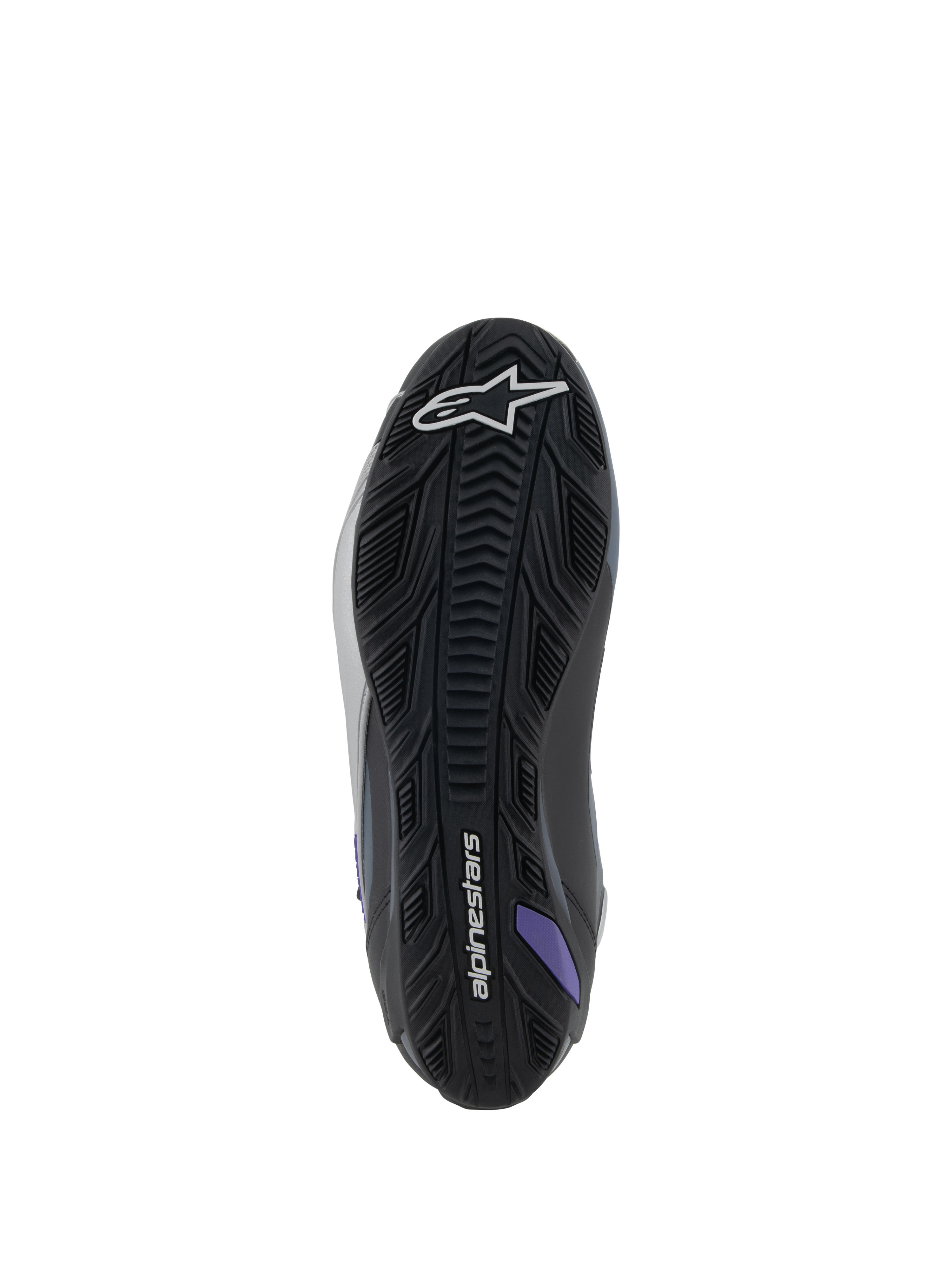 Alpinestars Stella Faster-4, scarpe da moto da donna, vista della suola, nero, grigio e viola, gomma testurizzata per il grip.