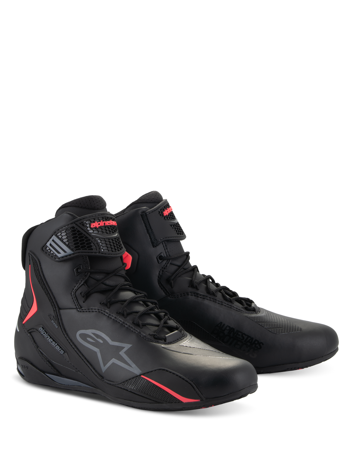 Scarpe Alpinestars Stella Faster-4, scarpe da moto da donna, nero e rosa Diva Pink, design tecnico a profilo alto con chiusura a lacci e cinturino regolabile, con logo Alpinestars e accenti rosa vivaci, calzatura protettiva elegante per la guida su strada