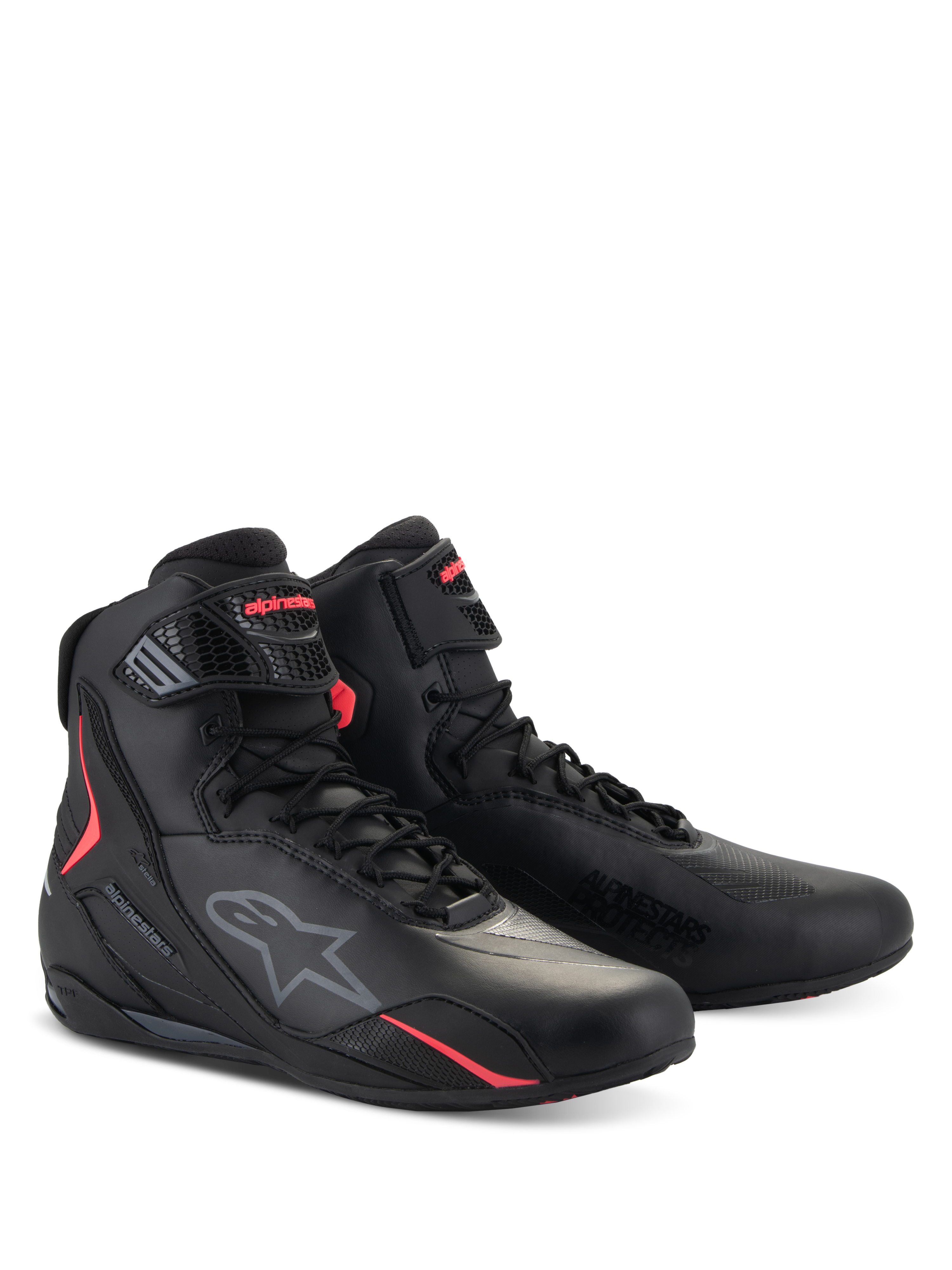 Scarpe Alpinestars Stella Faster-4, scarpe da moto da donna, nero e rosa Diva Pink, design tecnico a profilo alto con chiusura a lacci e cinturino regolabile, con logo Alpinestars e accenti rosa vivaci, calzatura protettiva elegante per la guida su strada