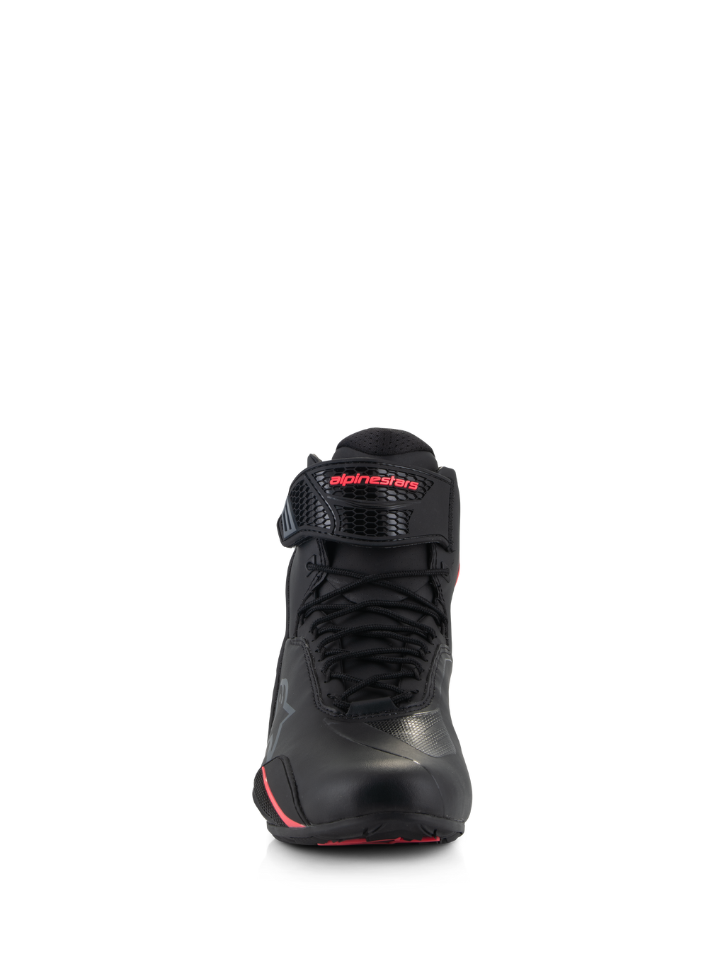 Alpinestars Stella Faster-4, scarpe da moto da donna, nero e rosa diva, vista frontale con lacci neri, cinturino regolabile alla caviglia con logo rosa e struttura in microfibra