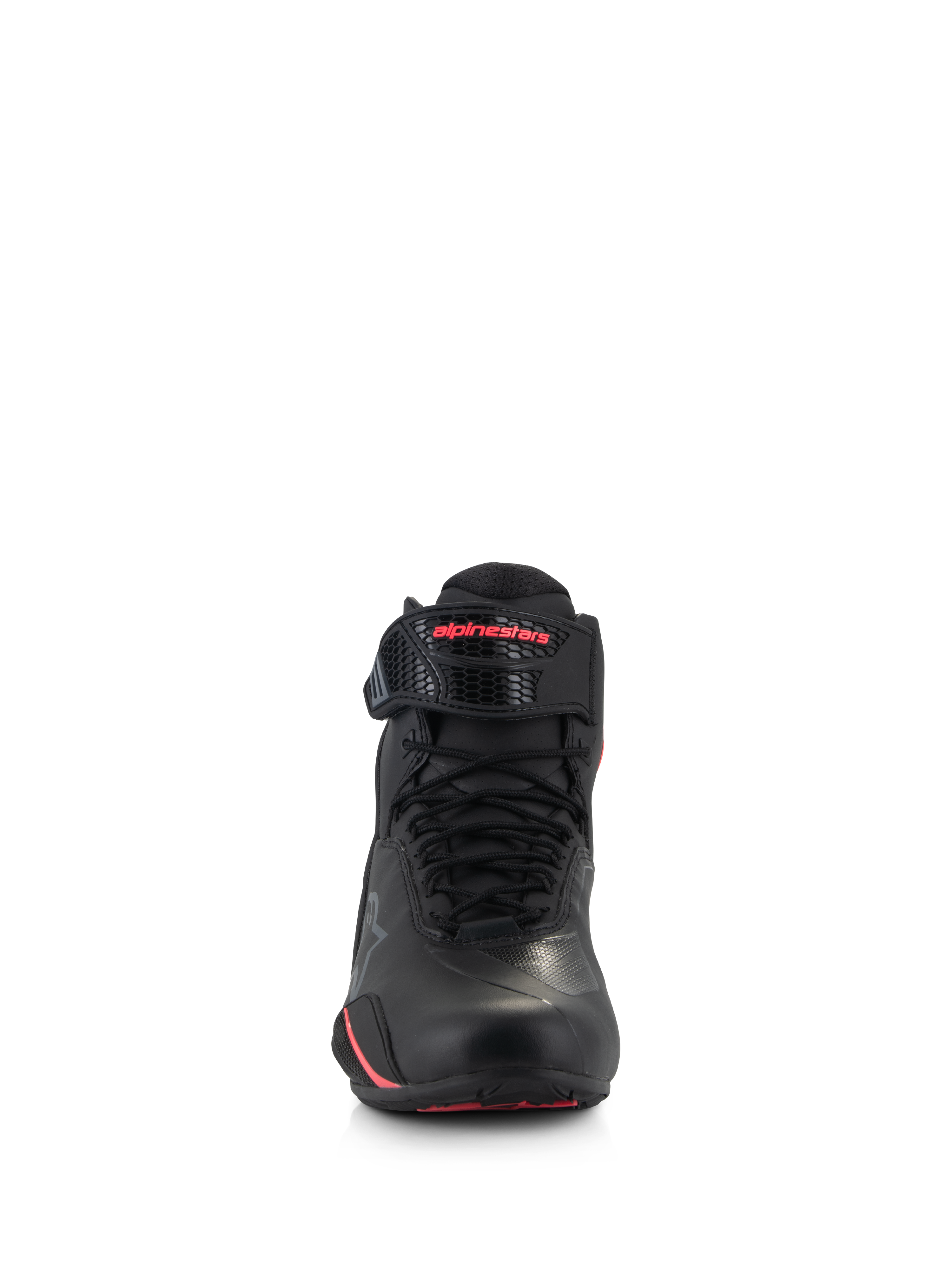 Alpinestars Stella Faster-4, scarpe da moto da donna, nero e rosa diva, vista frontale con lacci neri, cinturino regolabile alla caviglia con logo rosa e struttura in microfibra
