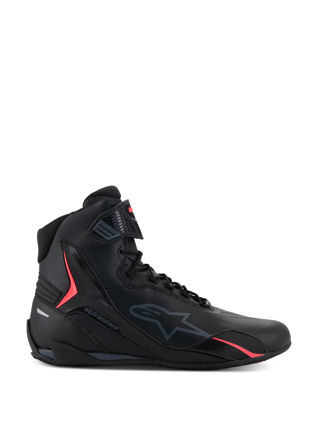 Scarpe Alpinestars Stella Faster-4, scarpe da moto per donna, nero con accenti Diva Pink, vista laterale, design alto con lacci e cinturino alla caviglia, calzatura protettiva urbana sportiva