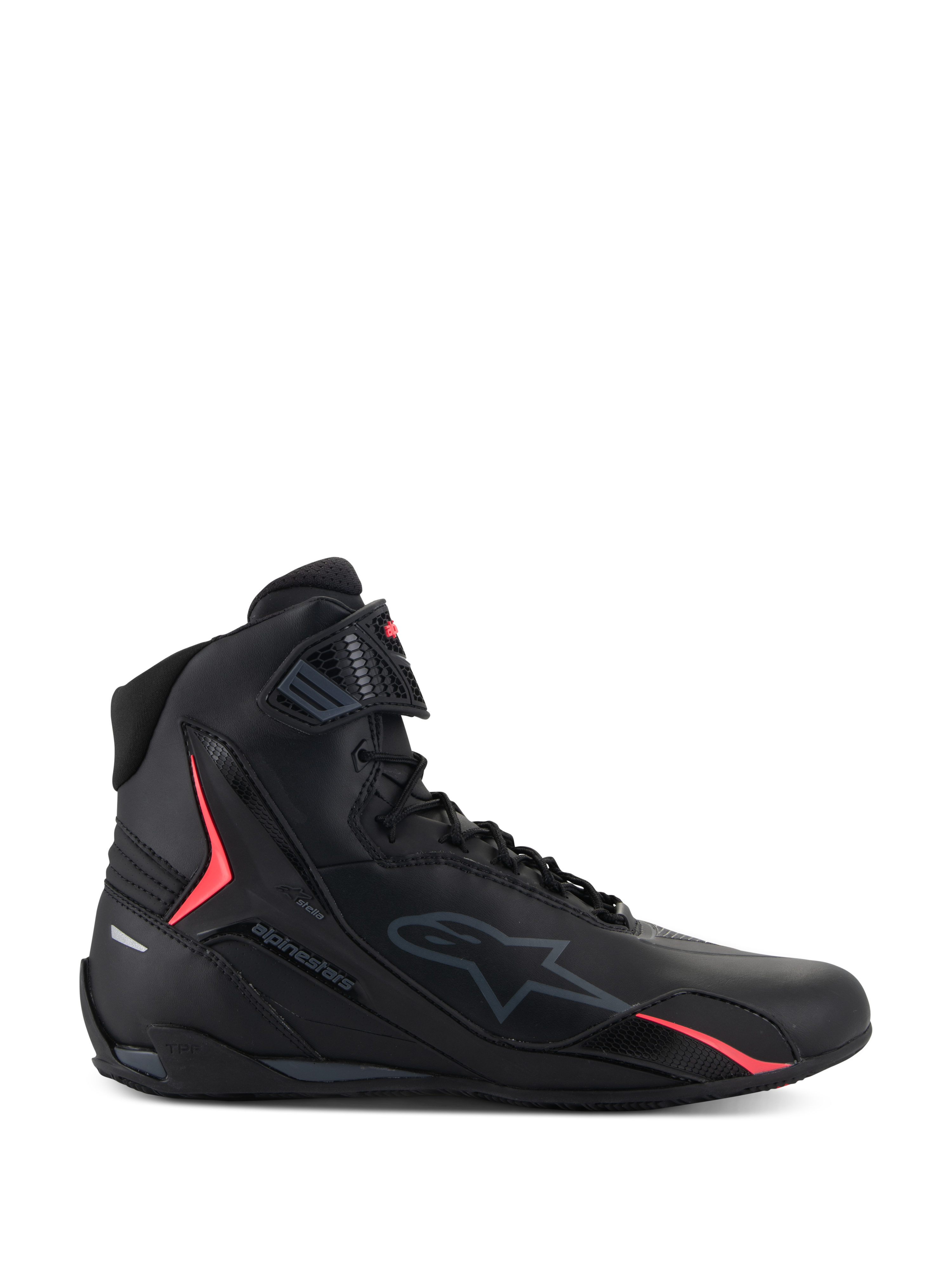Scarpe Alpinestars Stella Faster-4, scarpe da moto per donna, nero con accenti Diva Pink, vista laterale, design alto con lacci e cinturino alla caviglia, calzatura protettiva urbana sportiva