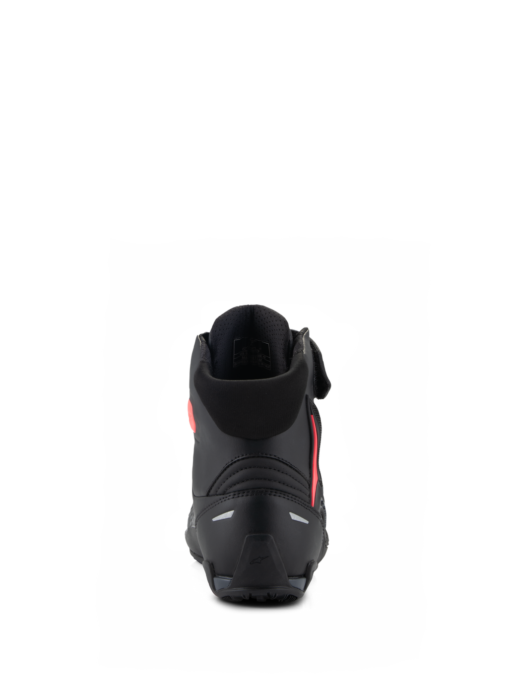 Scarpe da donna Alpinestars Stella Faster-4, nero e rosa Diva Pink, vista posteriore che mostra il contrafforte del tallone rinforzato, il colletto in morbido tessuto e il design ergonomico per la guida motociclistica sportiva.