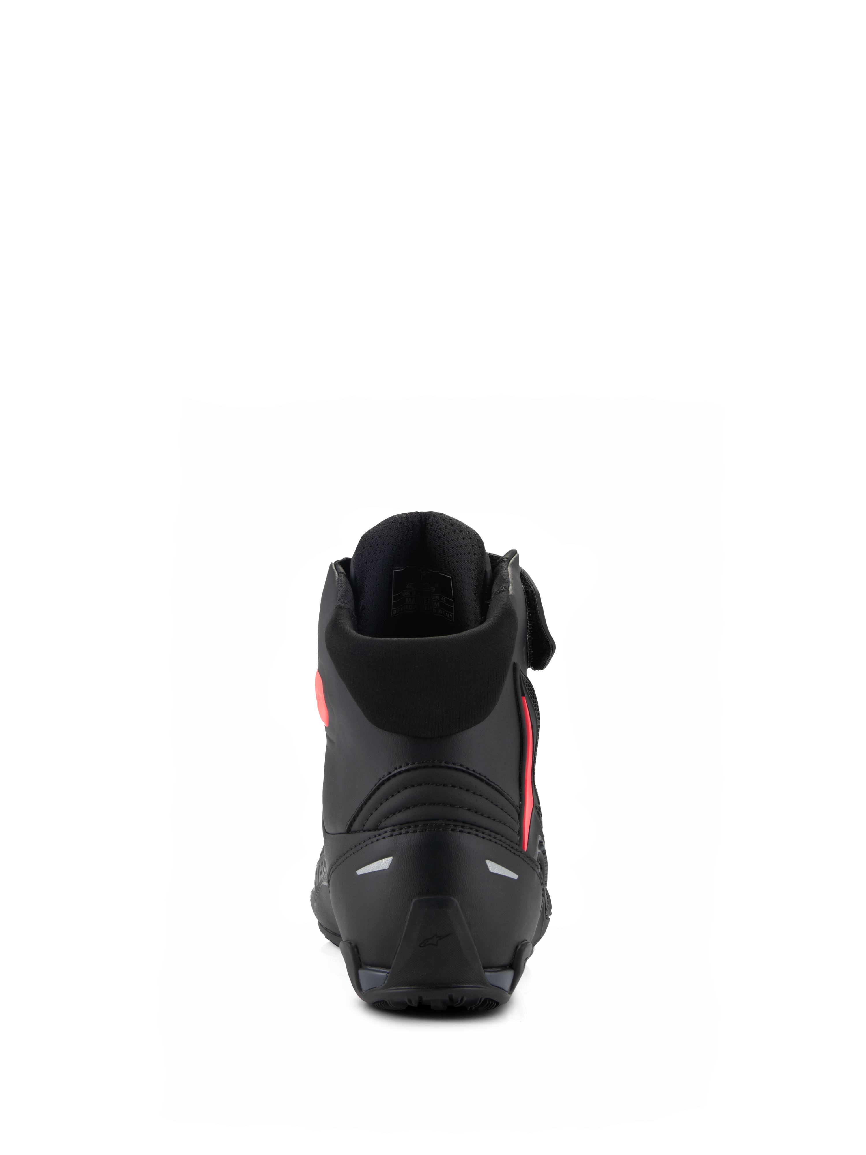 Scarpe da donna Alpinestars Stella Faster-4, nero e rosa Diva Pink, vista posteriore che mostra il contrafforte del tallone rinforzato, il colletto in morbido tessuto e il design ergonomico per la guida motociclistica sportiva.