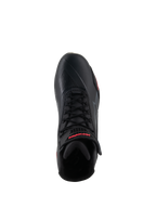 Alpinestars Stella Faster-4 Shoes da donna, nero e rosa Diva Pink, vista dall'alto di una singola scarpa da moto, con lacci neri, cinturino alla caviglia con marchio rosso e tomaia in microfibra