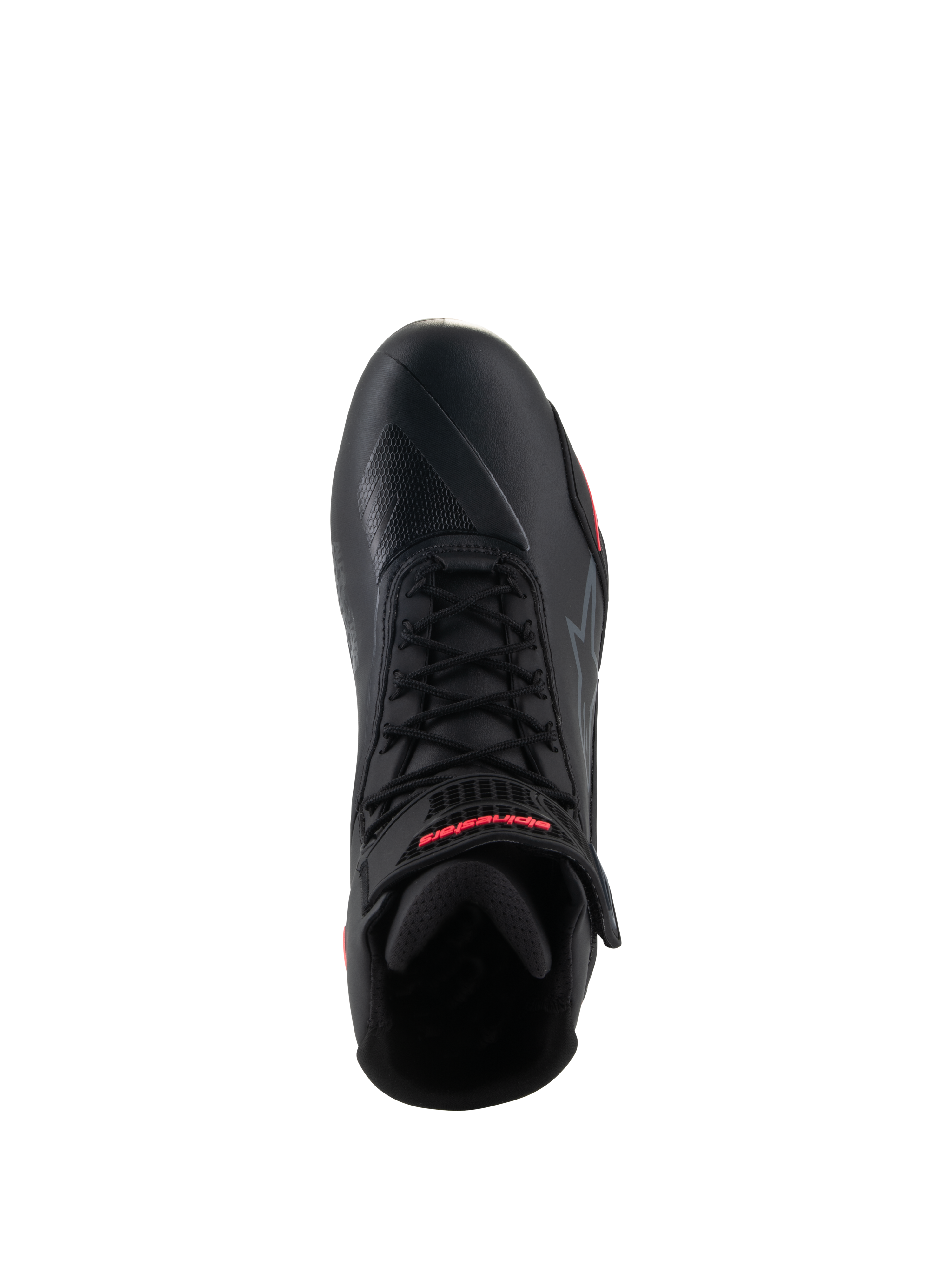 Alpinestars Stella Faster-4 Shoes da donna, nero e rosa Diva Pink, vista dall'alto di una singola scarpa da moto, con lacci neri, cinturino alla caviglia con marchio rosso e tomaia in microfibra