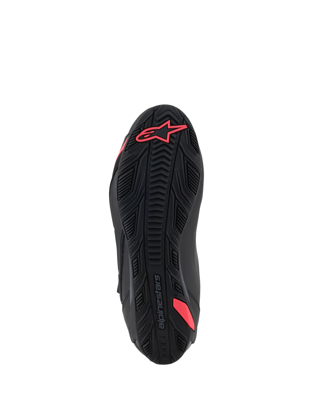 Scarpe Alpinestars Stella Faster-4, vista della suola, nero e Diva Pink, con motivo grip in gomma testurizzata, logo Alpinestars sul tallone e rinforzo integrato per il supporto, suola esterna resistente per la guida in moto