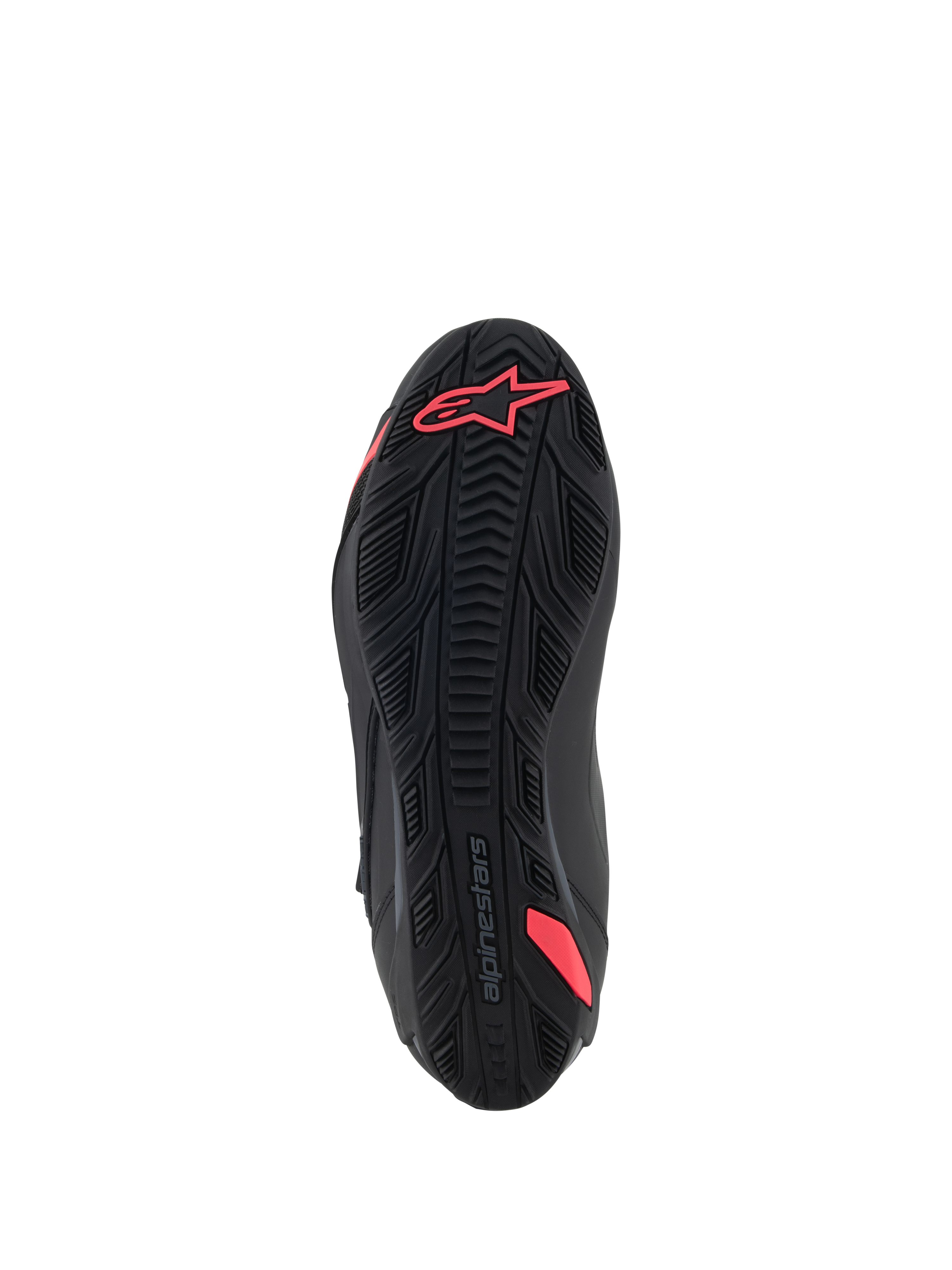 Scarpe Alpinestars Stella Faster-4, vista della suola, nero e Diva Pink, con motivo grip in gomma testurizzata, logo Alpinestars sul tallone e rinforzo integrato per il supporto, suola esterna resistente per la guida in moto