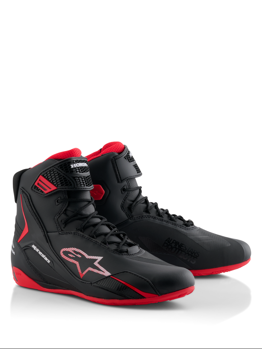 Alpinestars Honda Faster-4, scarpe da moto, nero e rosso, design high-top slanciato con chiusura stringata e cinturino alla caviglia, con suole rosse e loghi Alpinestars e Honda
