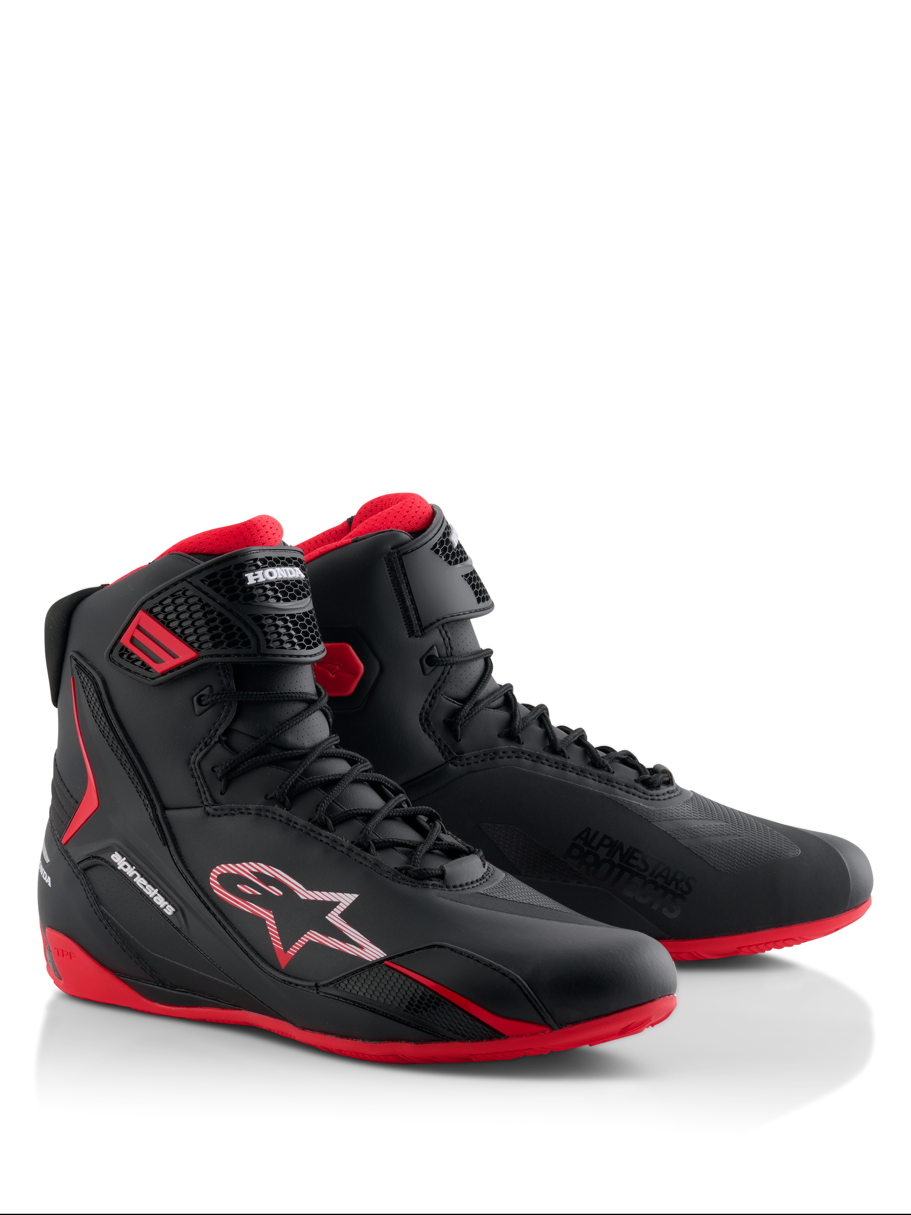 Alpinestars Honda Faster-4, scarpe da moto, nero e rosso, design high-top slanciato con chiusura stringata e cinturino alla caviglia, con suole rosse e loghi Alpinestars e Honda