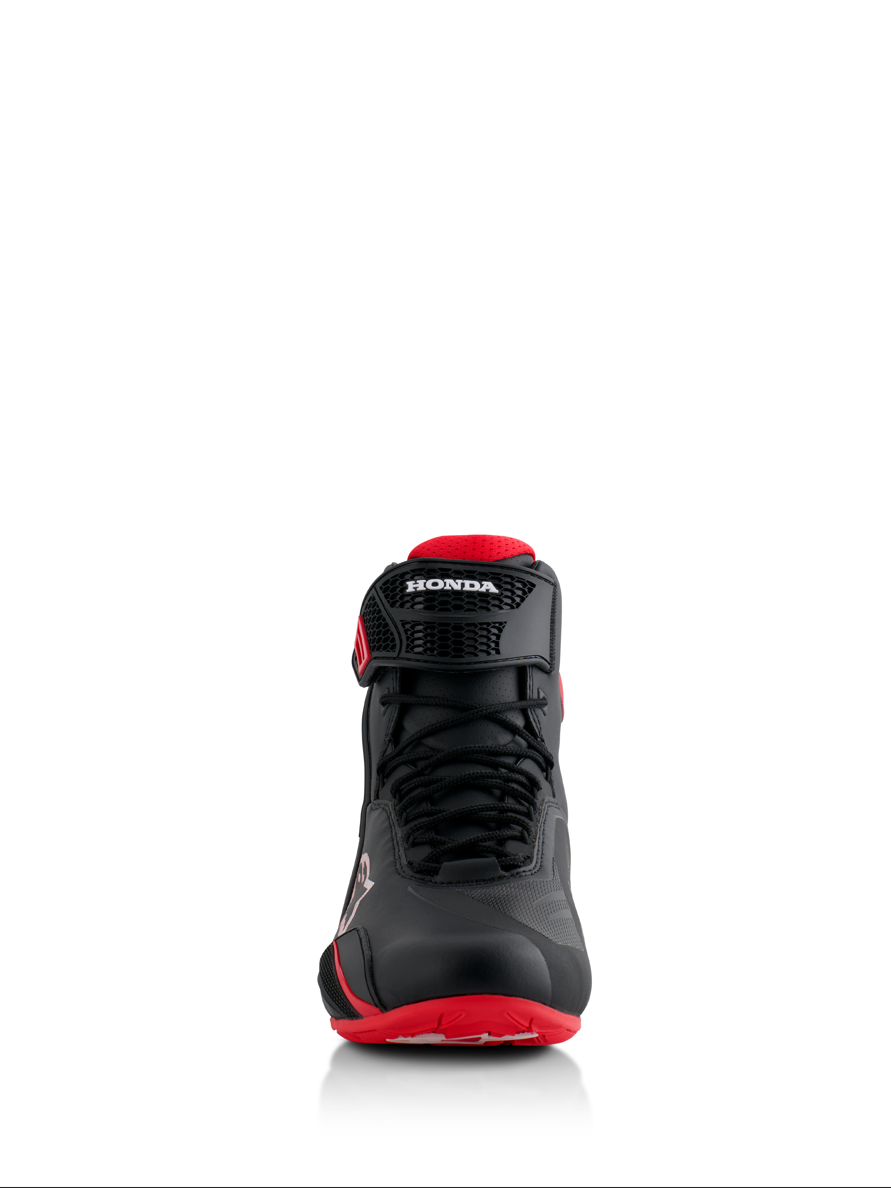 Scarpe Alpinestars Honda Faster-4, nero e rosso, vista frontale, con costruzione in microfibra senza cuciture, chiusura con lacci e cinturino regolabile alla caviglia con marchio Honda