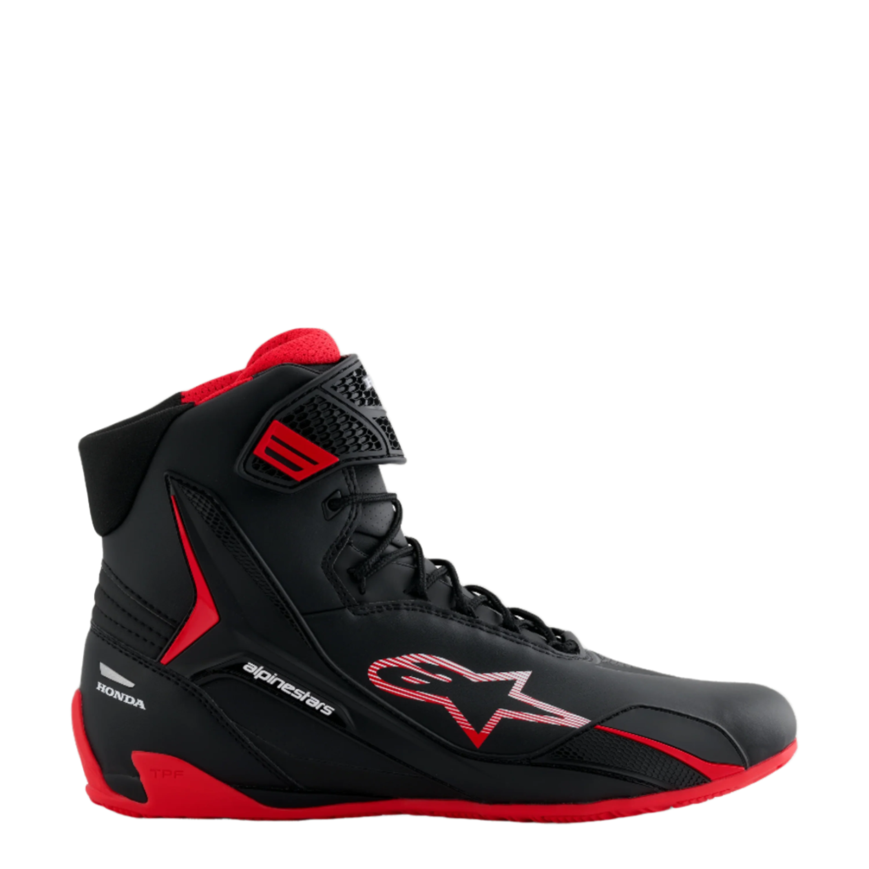 Alpinestars Honda Faster-4 Shoes, scarpa da moto alta nera e rossa, elegante design in microfibra con logo a stella striato, suola rossa e interno imbottito, marchio Honda sul tallone, calzatura tecnica per sport motoristici