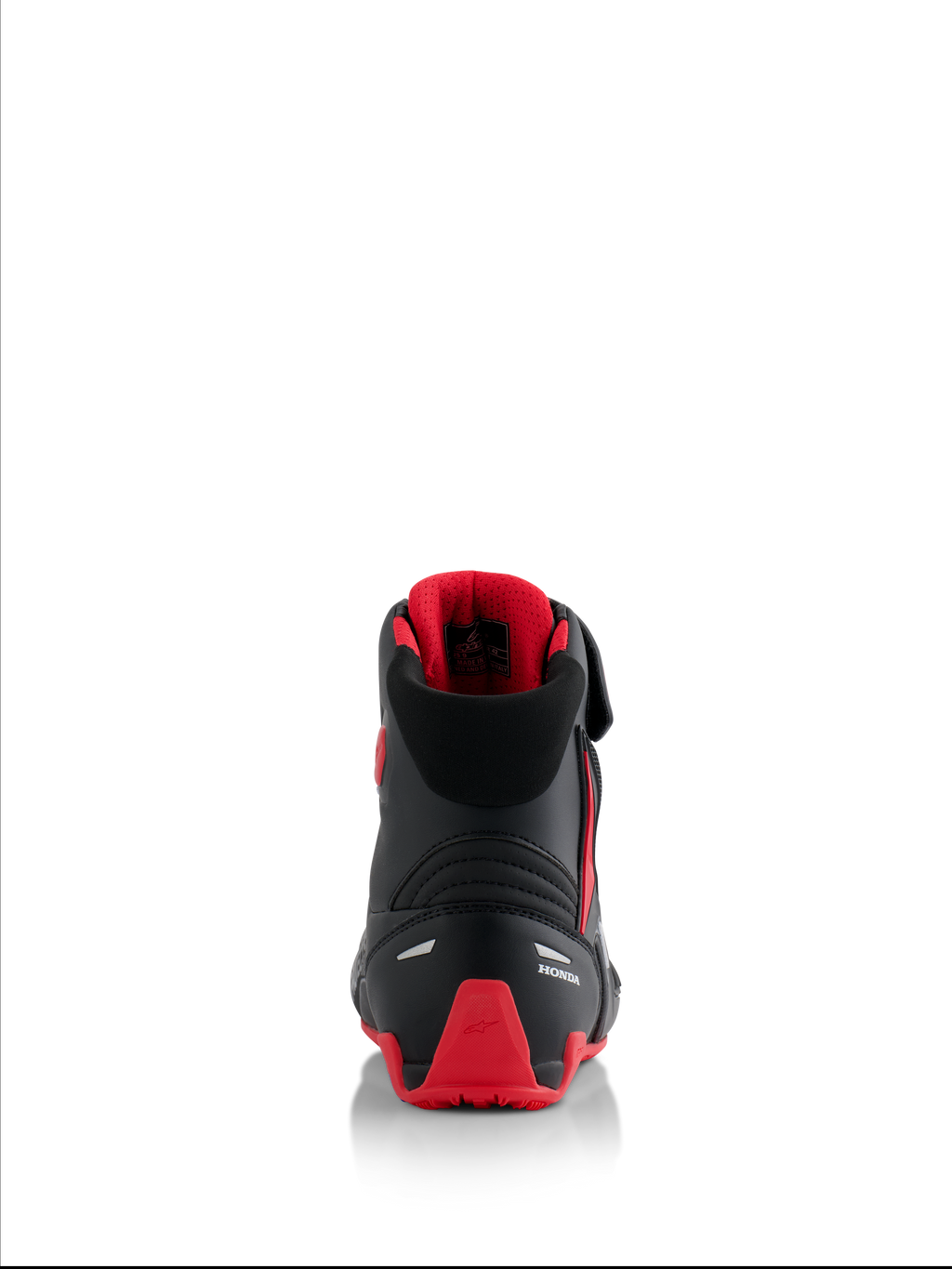 Alpinestars Honda Faster-4, scarpe da moto, nero e rosso, vista posteriore con marchio Honda bianco e contrafforte del tallone in TPU rosso, colletto imbottito con fodera in mesh rossa, inserti riflettenti per la sicurezza