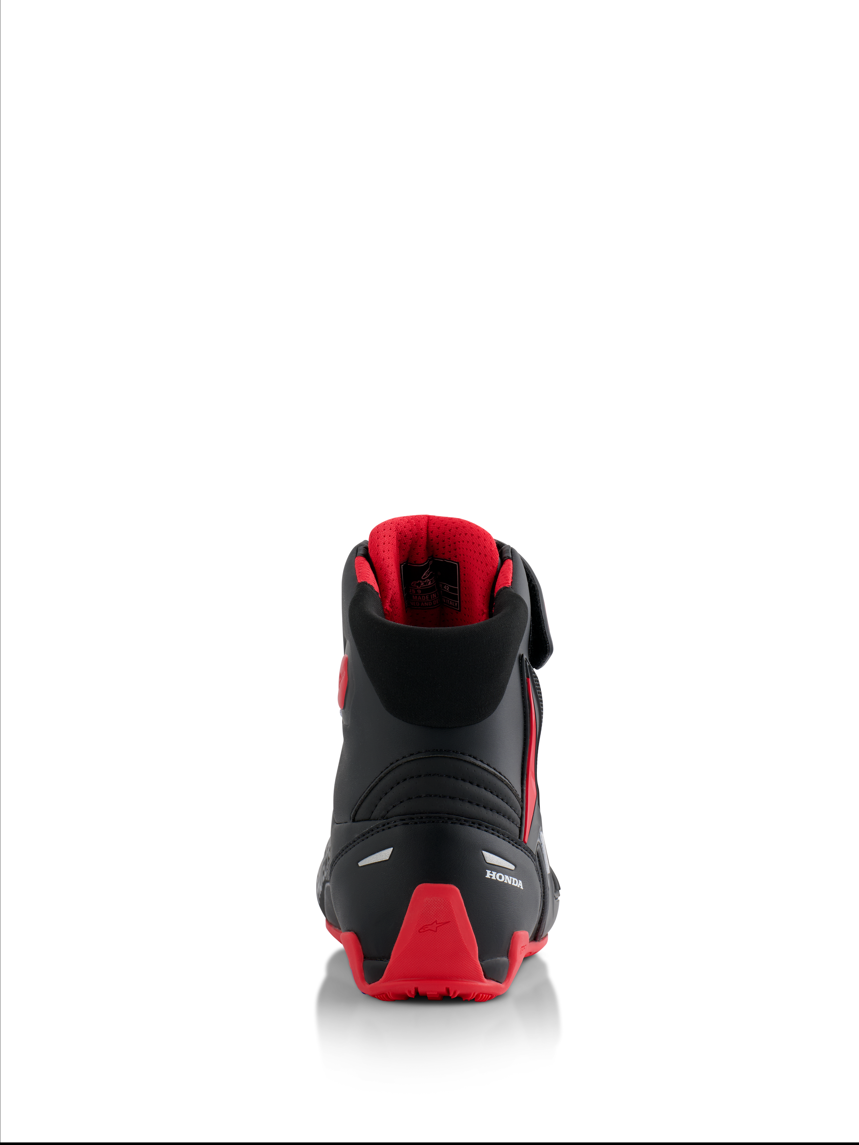 Alpinestars Honda Faster-4, scarpe da moto, nero e rosso, vista posteriore con marchio Honda bianco e contrafforte del tallone in TPU rosso, colletto imbottito con fodera in mesh rossa, inserti riflettenti per la sicurezza