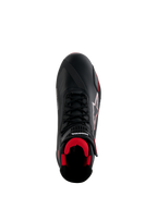 Scarpe Alpinestars Honda Faster-4, scarpe da moto, nero e rosso, vista dall'alto con tomaia in microfibra nera, interno in mesh rosso, lacci neri tradizionali e loghi Alpinestars e Honda
