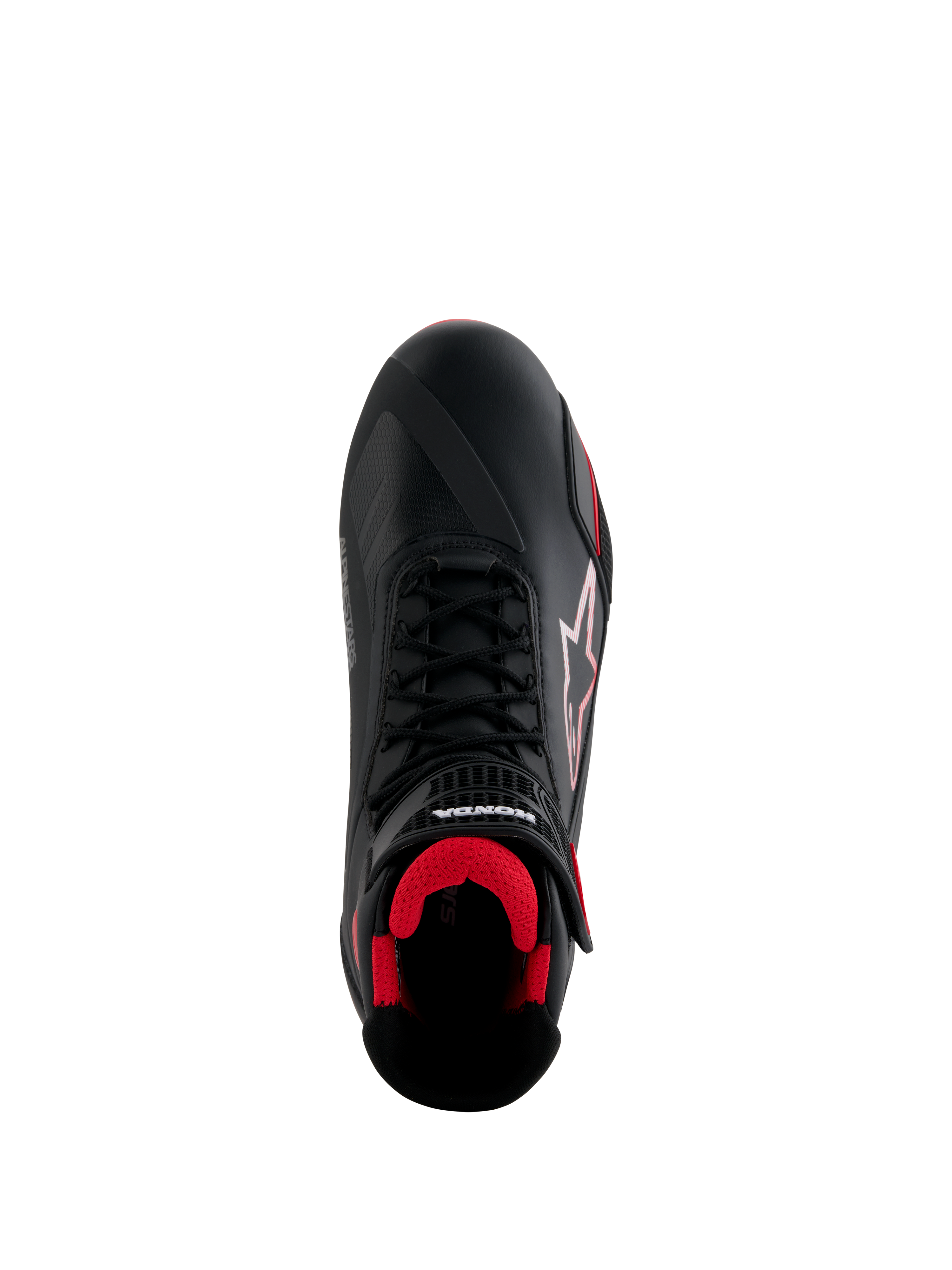 Scarpe Alpinestars Honda Faster-4, scarpe da moto, nero e rosso, vista dall'alto con tomaia in microfibra nera, interno in mesh rosso, lacci neri tradizionali e loghi Alpinestars e Honda