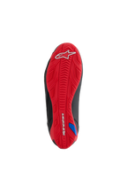 Scarpe Alpinestars Honda Faster-4, vista della suola, suola in gomma testurizzata rosso brillante, logo Alpinestars bianco sul tallone e scritta sull'arco plantare, motivo grip integrato per la guida in moto, dettagli laterali neri