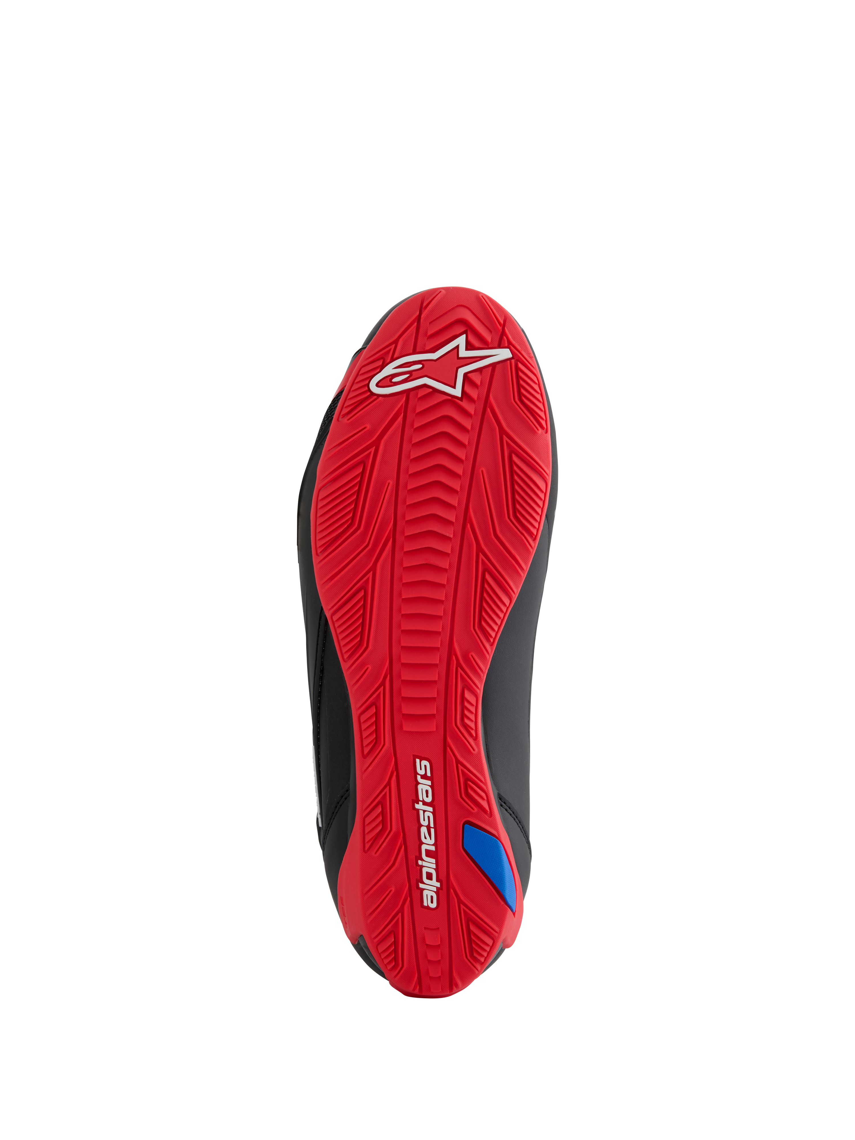 Scarpe Alpinestars Honda Faster-4, vista della suola, suola in gomma testurizzata rosso brillante, logo Alpinestars bianco sul tallone e scritta sull'arco plantare, motivo grip integrato per la guida in moto, dettagli laterali neri