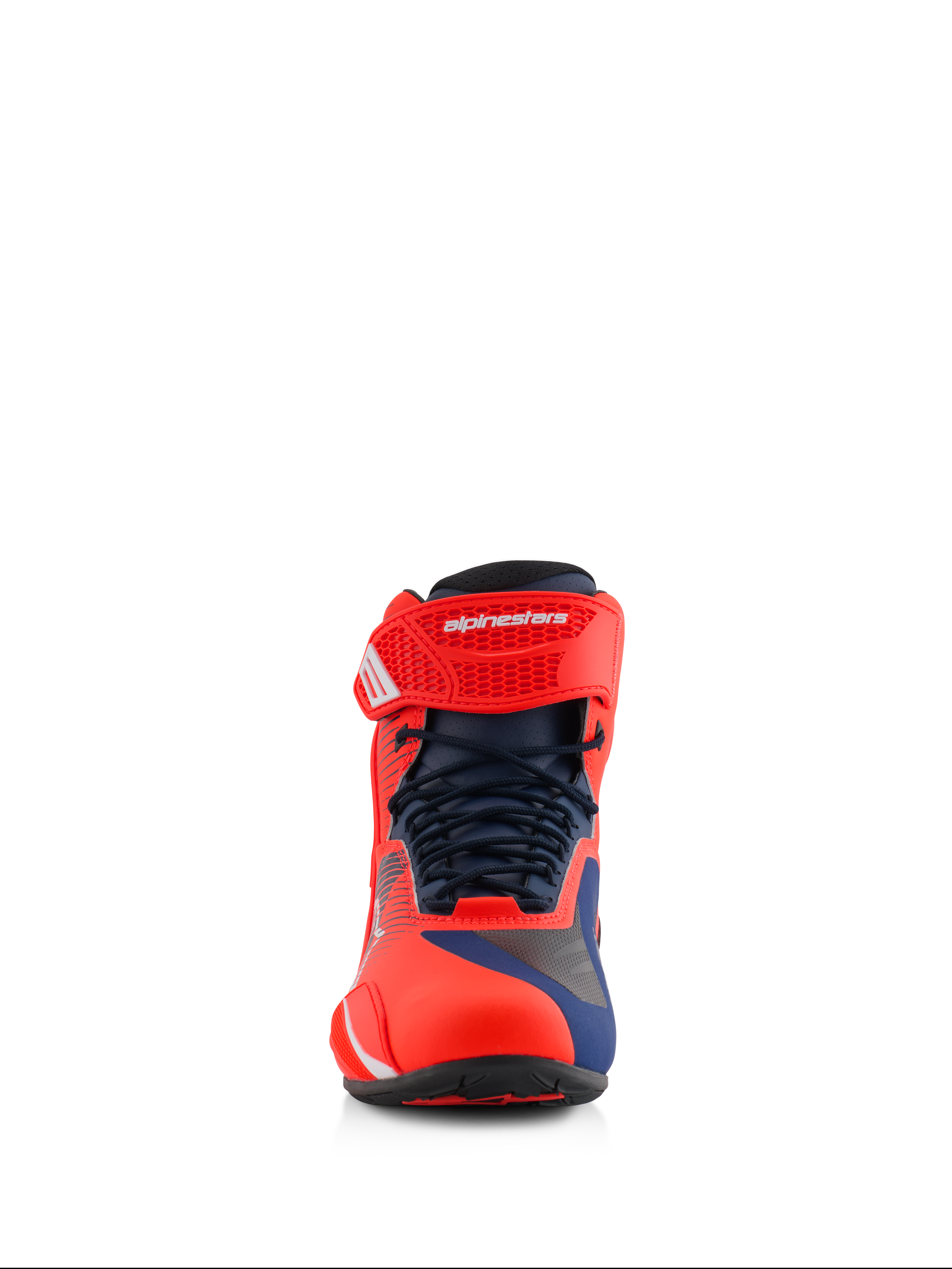 Alpinestars MM93 Faster-4 Shoes, motorcycle riding shoes, Red Fluo and Dark Blue, front view showing technical microfiber upper, lace-up closure with adjustable hook-and-loop ankle strap, sporty high-performance design