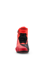 Scarpe Alpinestars MM93 Faster-4, scarpe da moto, Rosso Fluo e Bright Red con dettagli neri, vista frontale con lacci neri, cinturino regolabile in TPR rosso con logo Alpinestars e struttura in microfibra leggera.