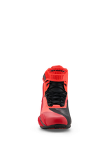 Scarpe Alpinestars MM93 Faster-4, scarpe da moto, Rosso Fluo e Bright Red con dettagli neri, vista frontale con lacci neri, cinturino regolabile in TPR rosso con logo Alpinestars e struttura in microfibra leggera.