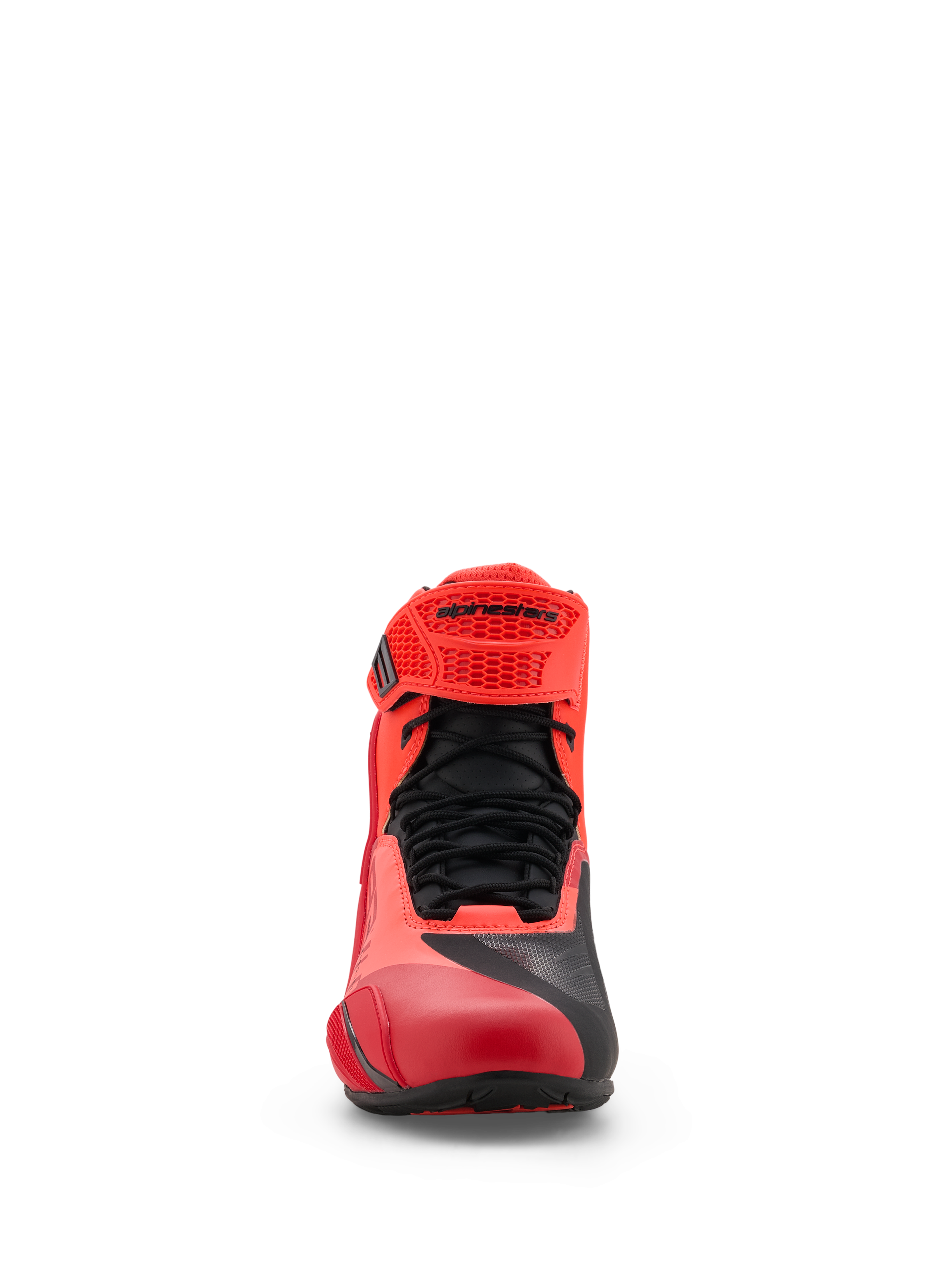 Scarpe Alpinestars MM93 Faster-4, scarpe da moto, Rosso Fluo e Bright Red con dettagli neri, vista frontale con lacci neri, cinturino regolabile in TPR rosso con logo Alpinestars e struttura in microfibra leggera.