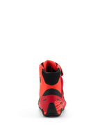 Scarpe Alpinestars MM93 Faster-4, scarpe da moto, Rosso Fluo Rosso Brillante e Nero, vista posteriore che mostra il contrafforte del tallone in TPR e il colletto in tessuto nero, design ergonomico con dettagli ispirati alle corse