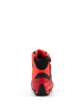 Scarpe Alpinestars MM93 Faster-4, scarpe da moto, Rosso Fluo Rosso Brillante e Nero, vista posteriore che mostra il contrafforte del tallone in TPR e il colletto in tessuto nero, design ergonomico con dettagli ispirati alle corse
